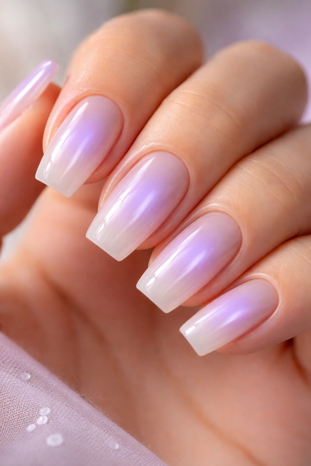 Close-up of short coffin nails with a centered lavender aura on a sheer milky base