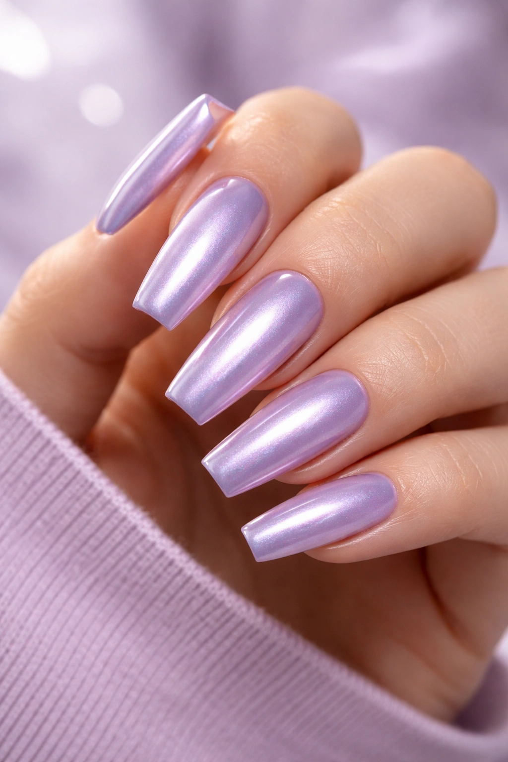 Close-up of lavender chrome coffin nails on a hand