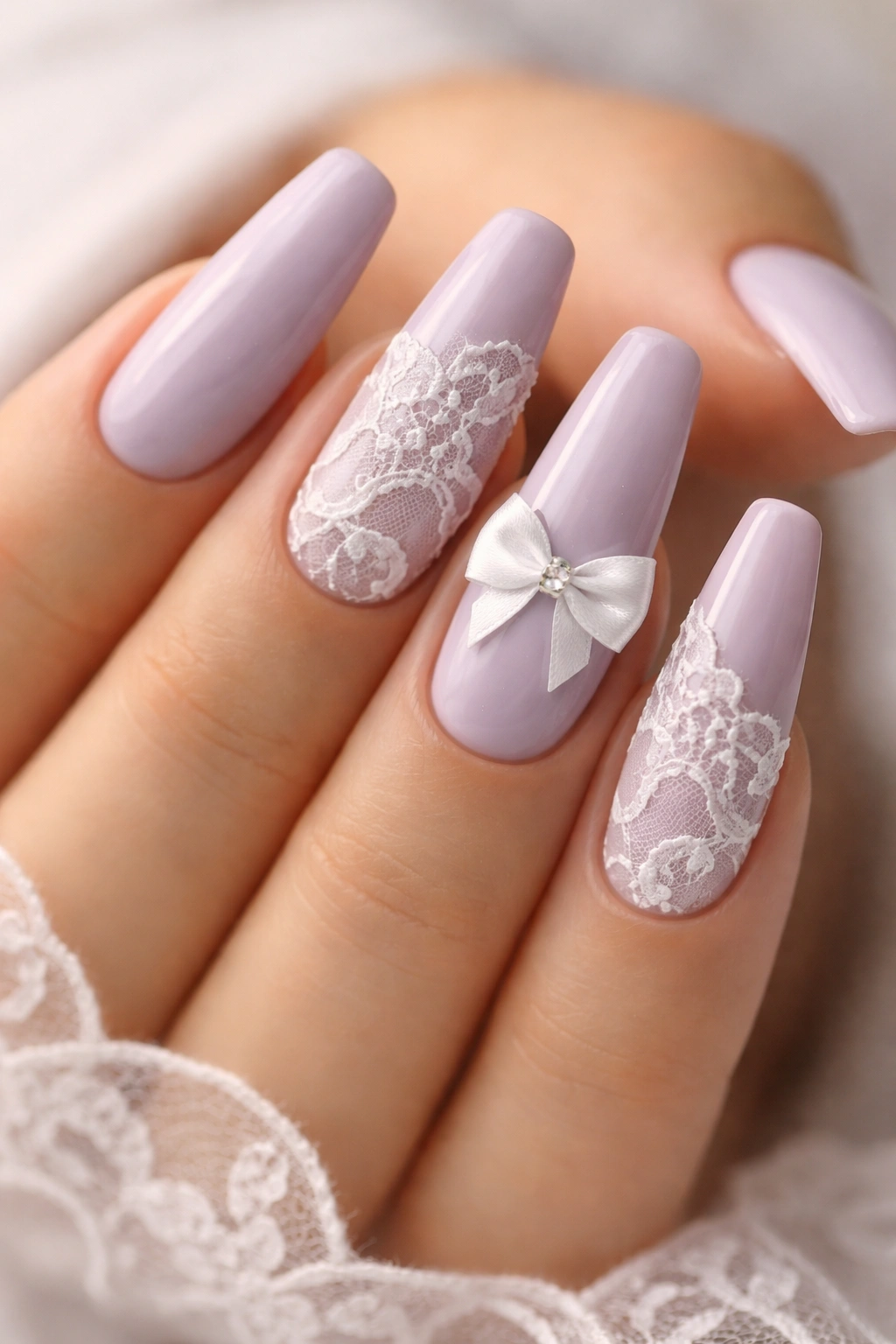 Close-up of dusty lavender coffin nails with white lace on two nails and a separate bow accent