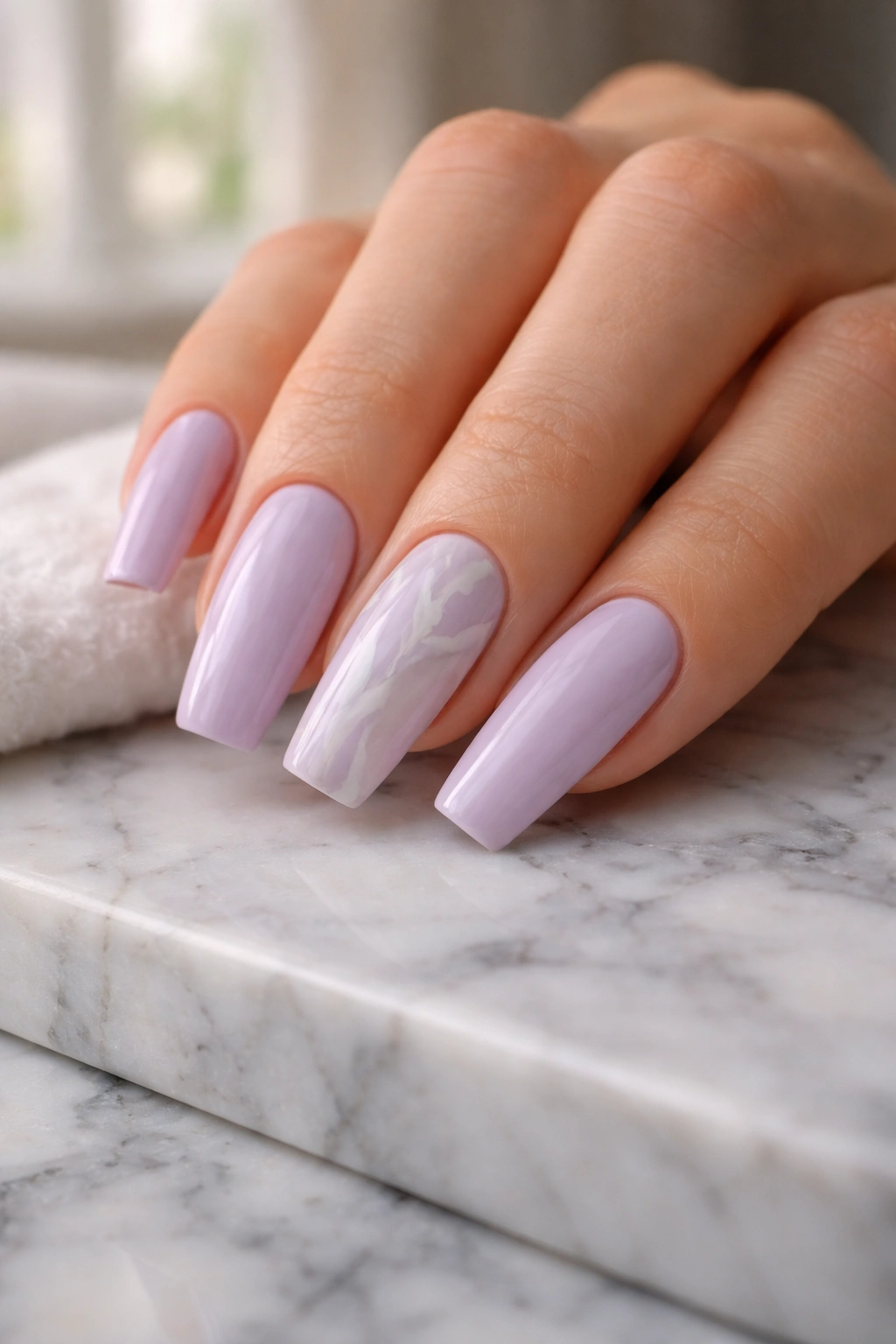 Close-up of lavender coffin nails with subtle white and grey marble veining on a few nails.