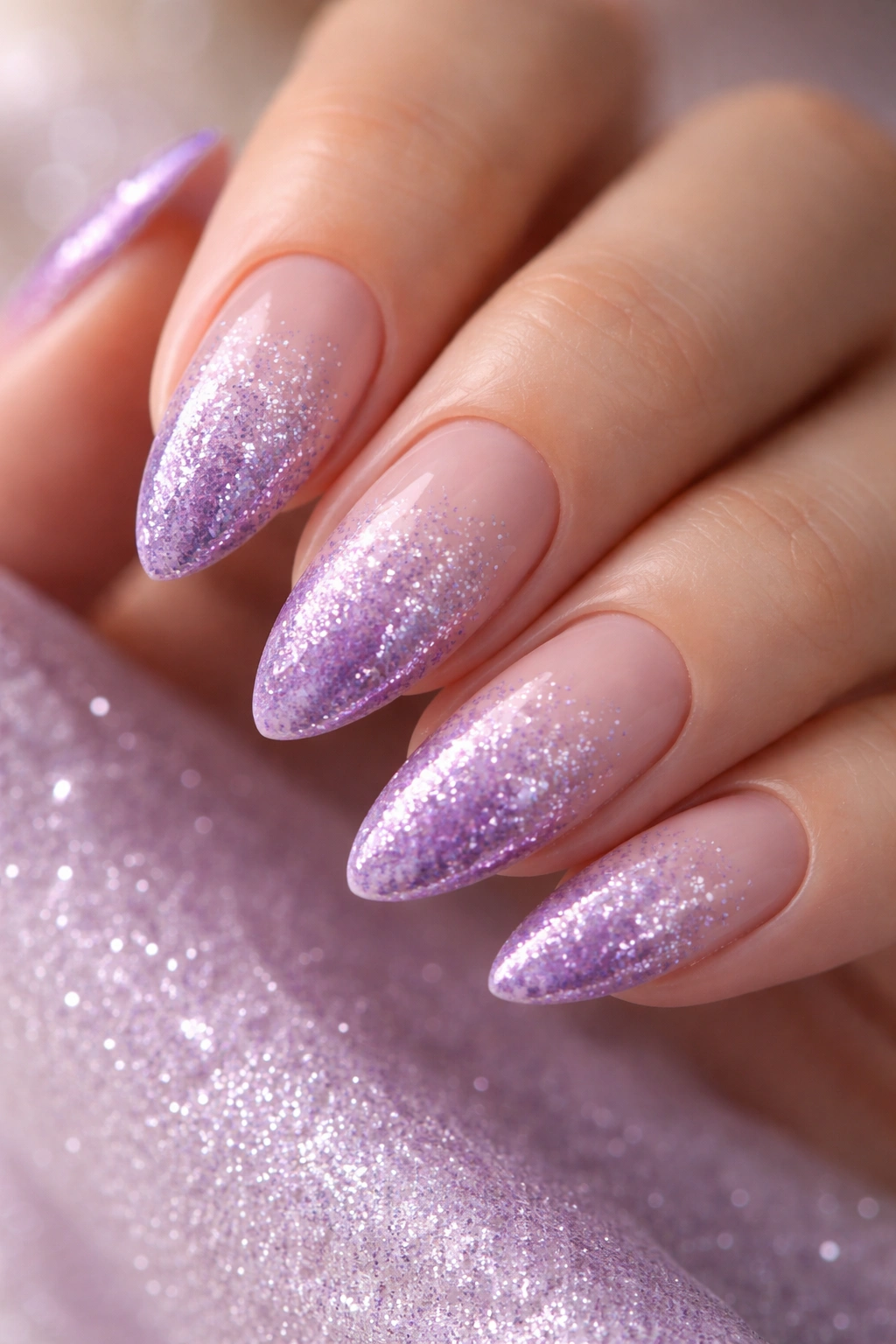 Close-up of lavender gradient sparkle on almond nails