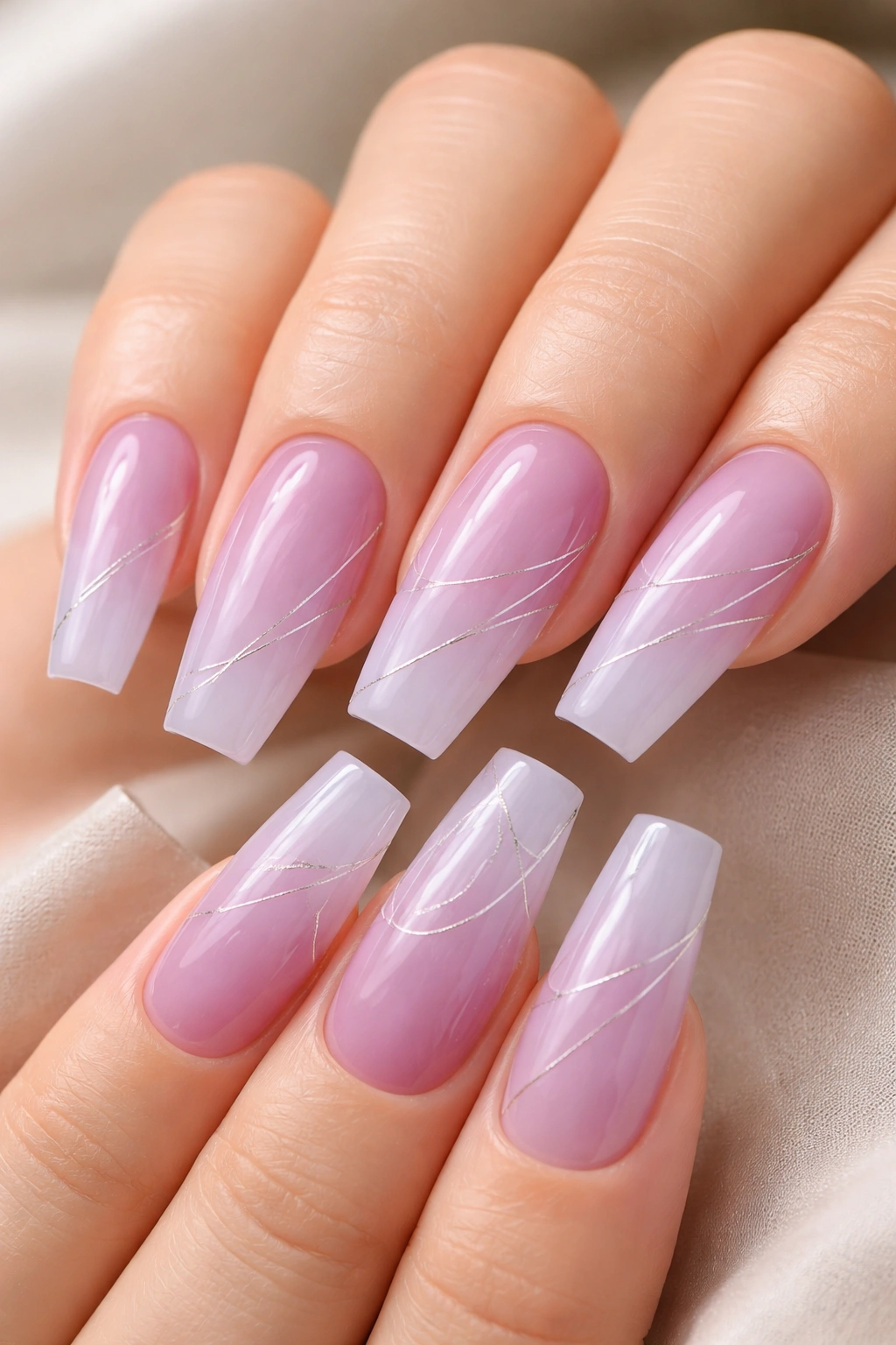 Lavender jelly ombre coffin nails with silver linework