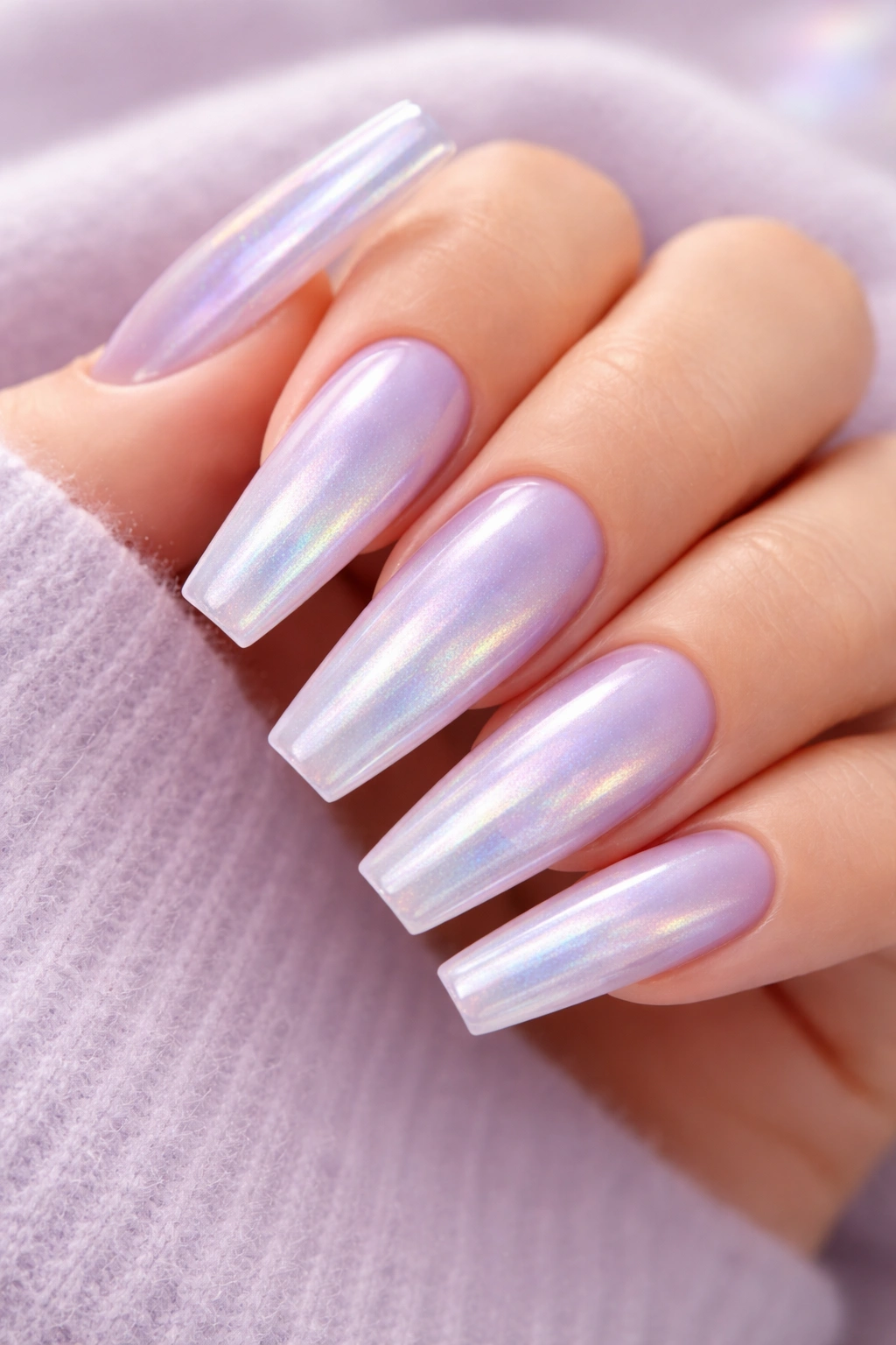 Close-up of Lavender Moonstone Chrome coffin nails with lilac jelly base and moonstone glow