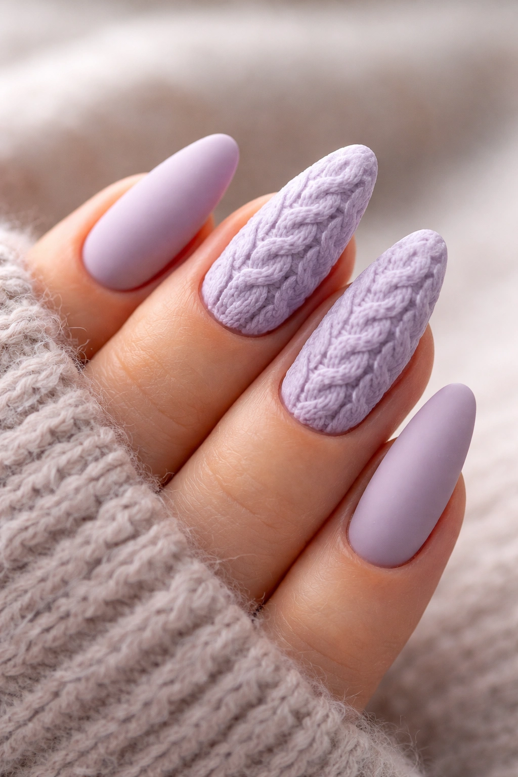 Close-up of chunky lavender sweater nails showing 3D knit texture on almond tips