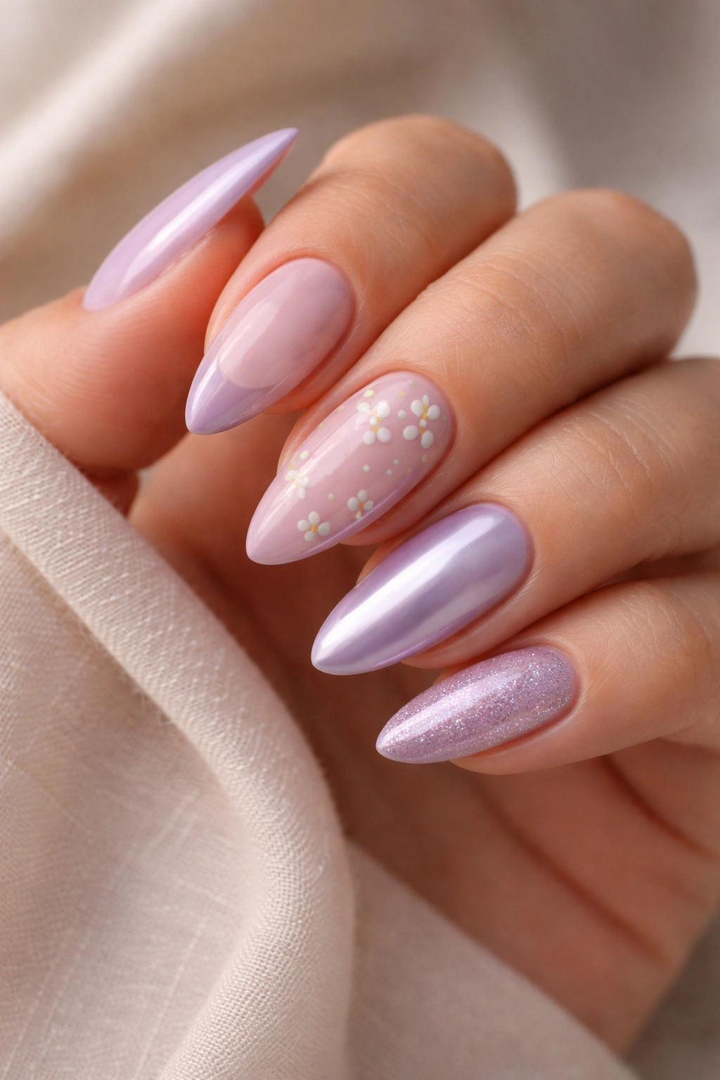 Close-up of lavender almond nails in a mixed set showing sheer lavender, micro-French, floral accent, chrome, and shimmer