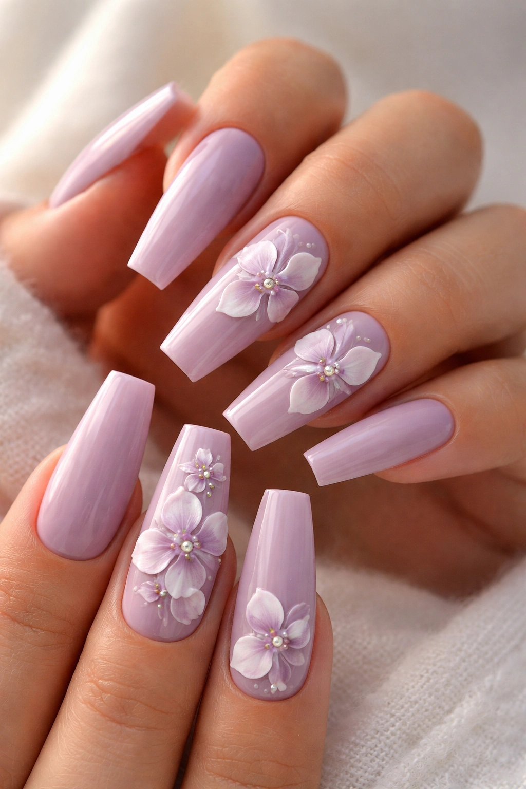 Close-up lavender coffin nails with raised orchids on long nails.