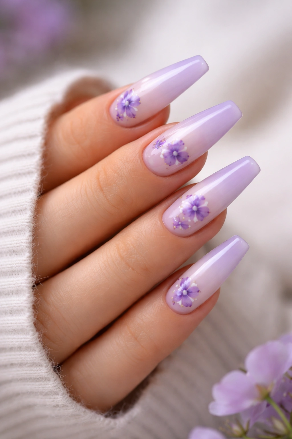 Close-up of lavender ombre coffin nails with violet petals.