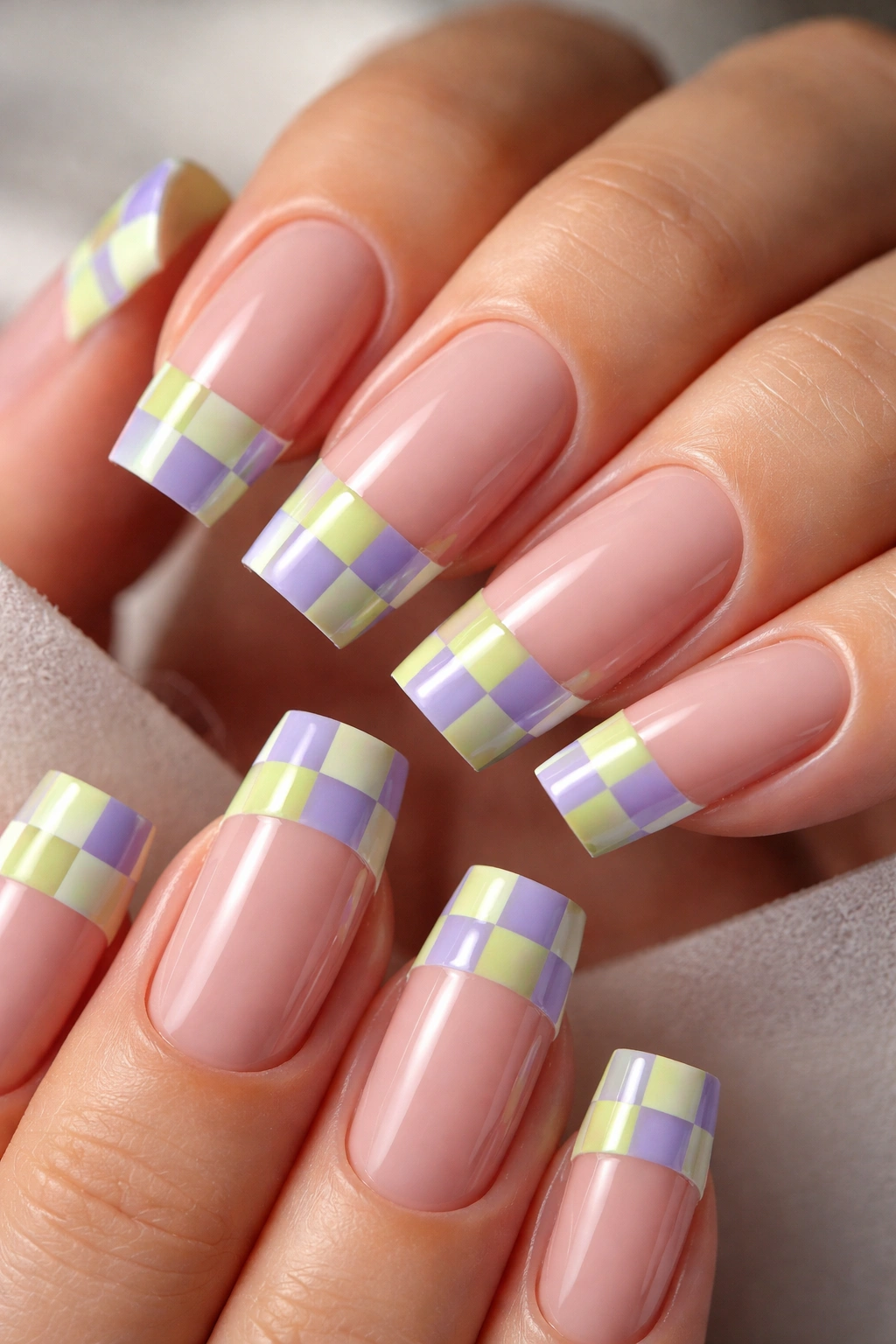 Coffin nails with lavender and pistachio checkerboard tips on the free edge.