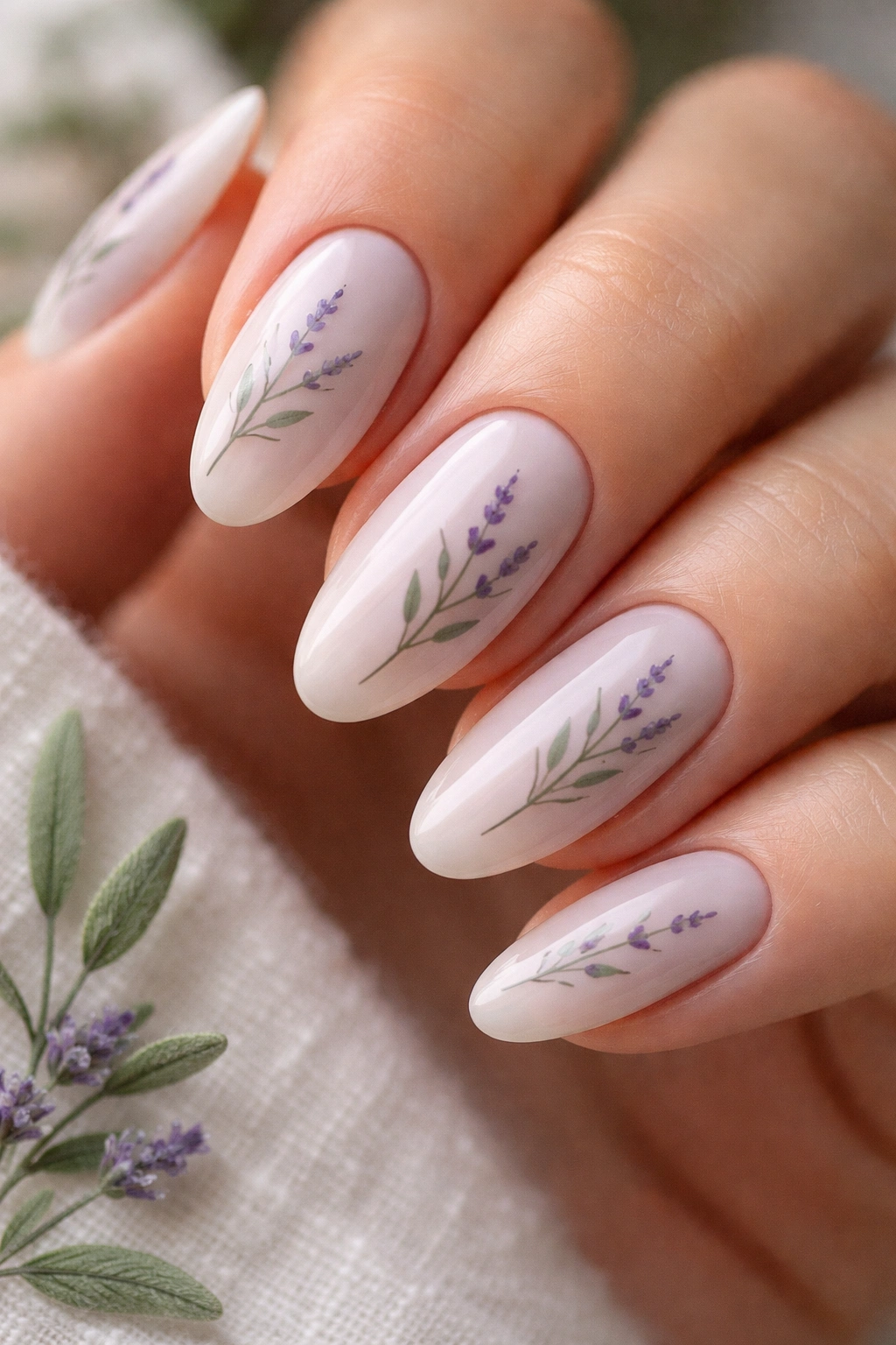 Almond nails with lavender and sage botanical accents