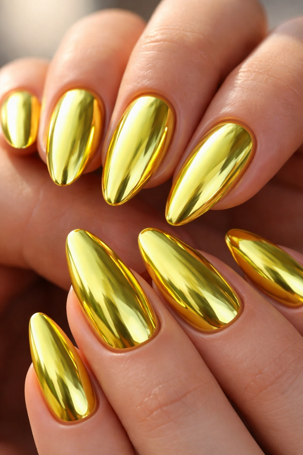 Almond nails with lemon chrome reflective finish