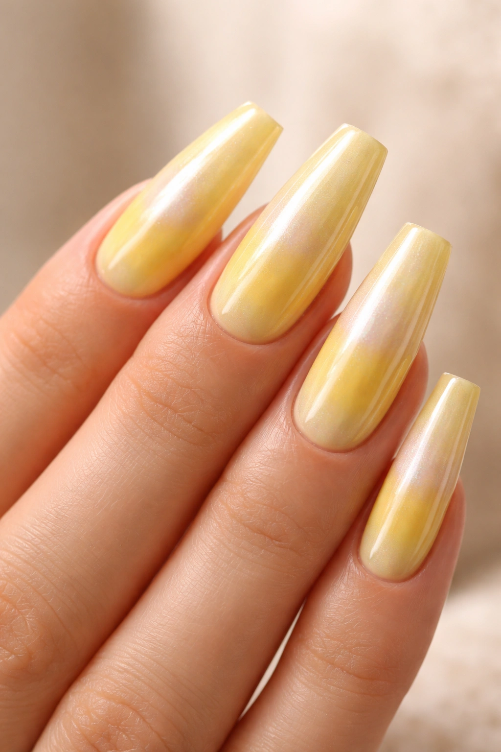 Coffin nails with pale lemon ombre and pearly chrome veil