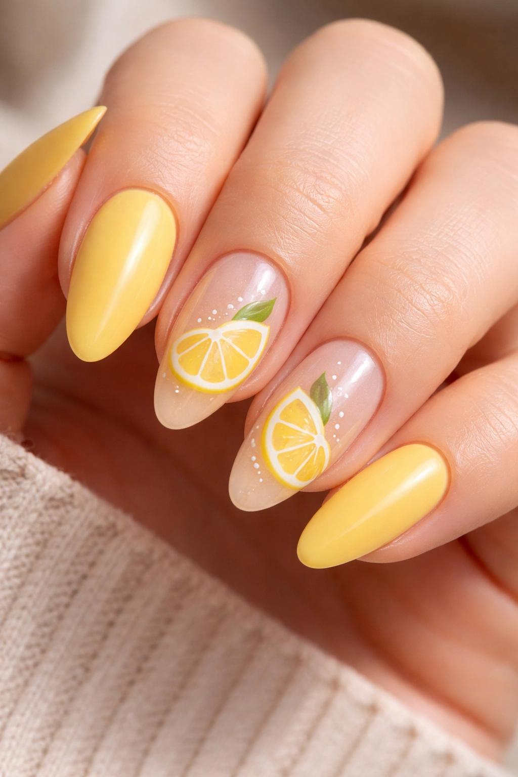 Lemon slice accent on almond nails with white segments and pale yellow arcs