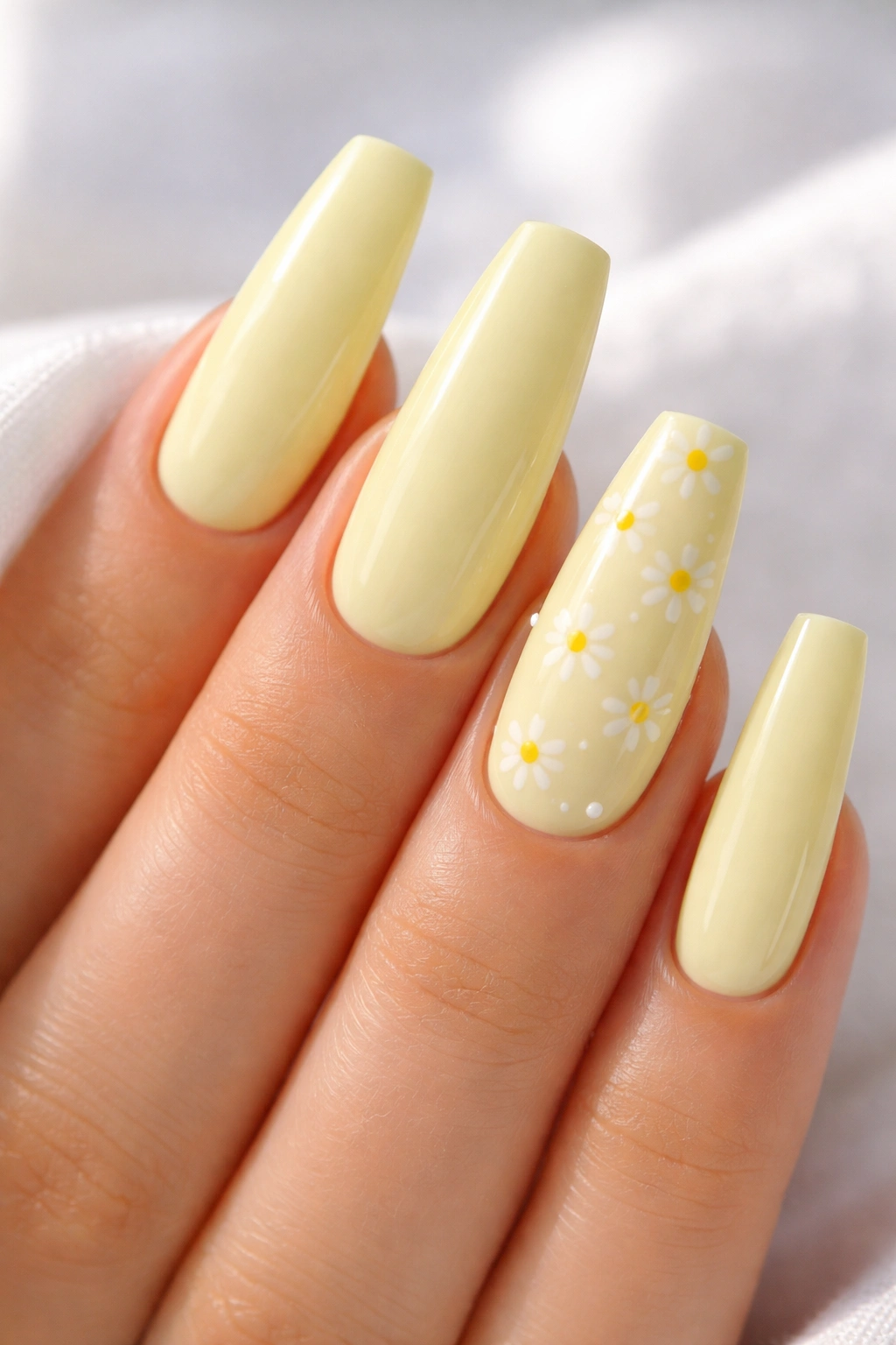 Close-up of lemon sorbet coffin nails with tiny daisy dot accents