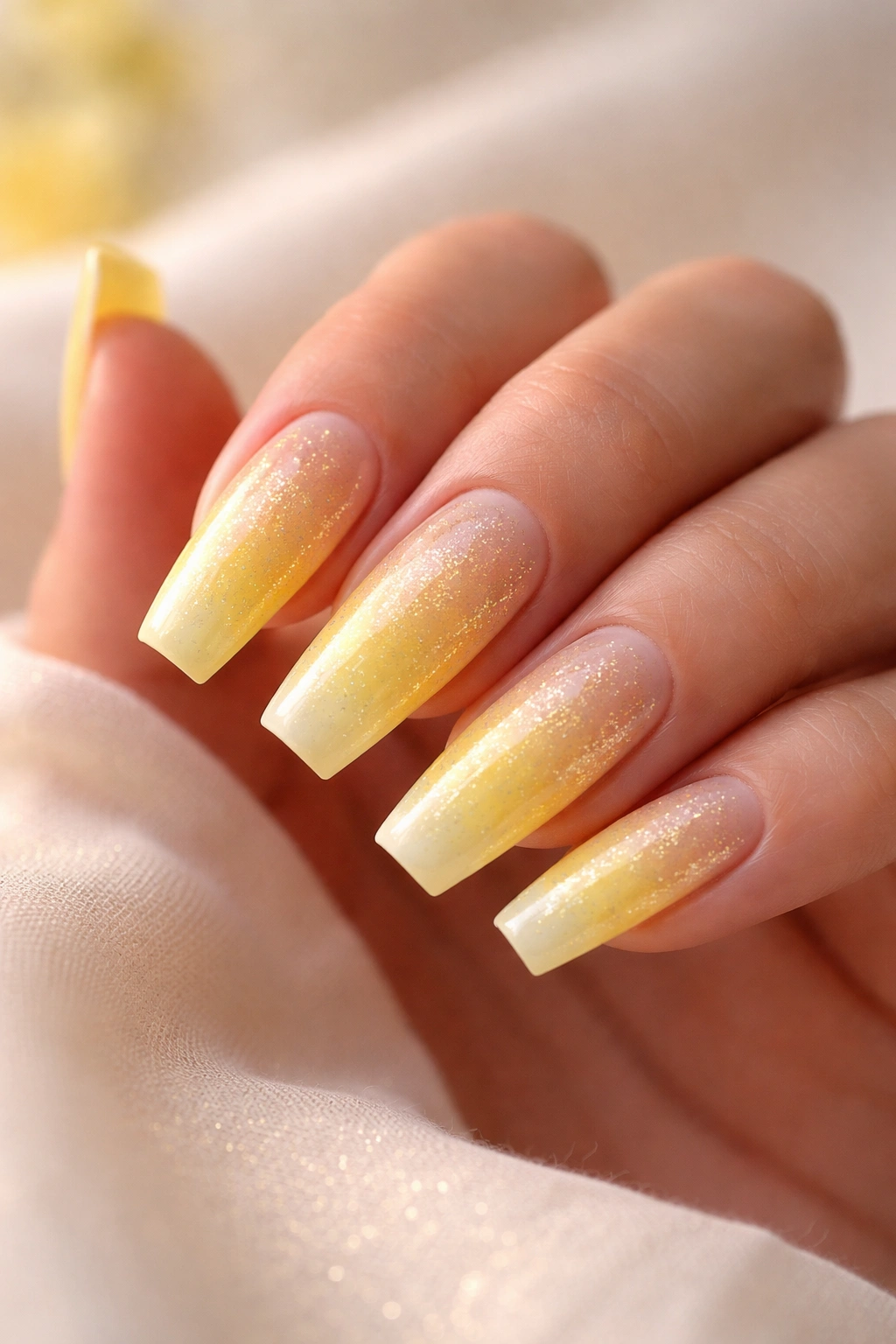 Lemon sorbet yellow ombre with fine gold shimmer on coffin nails