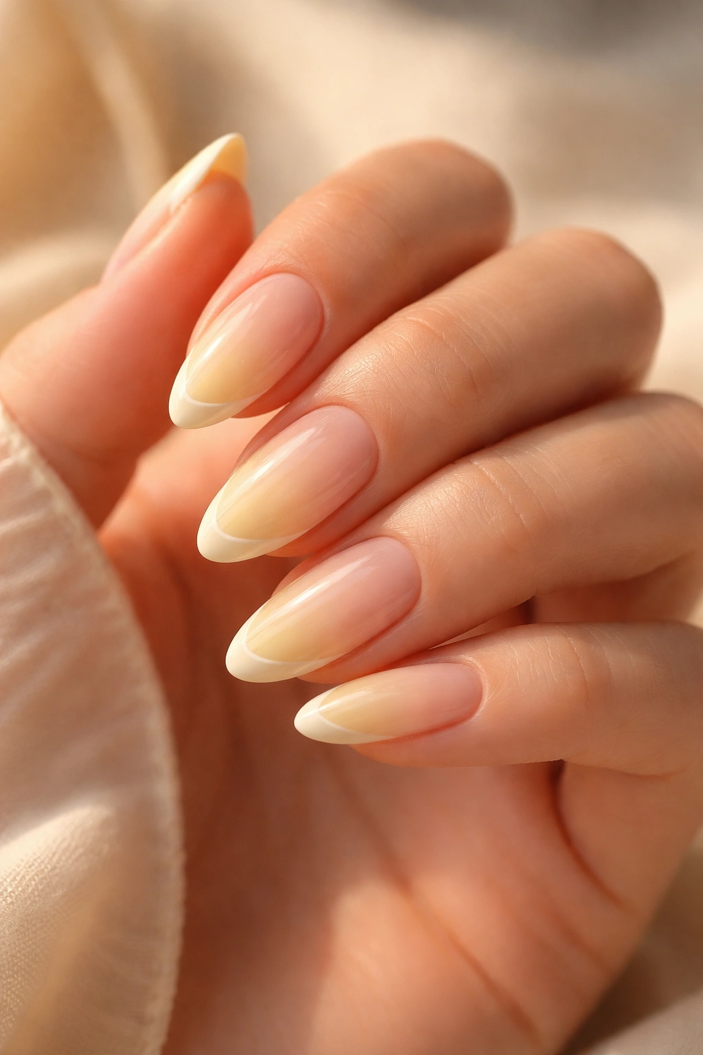Close-up of almond nails in creamy lemon yellow with high gloss