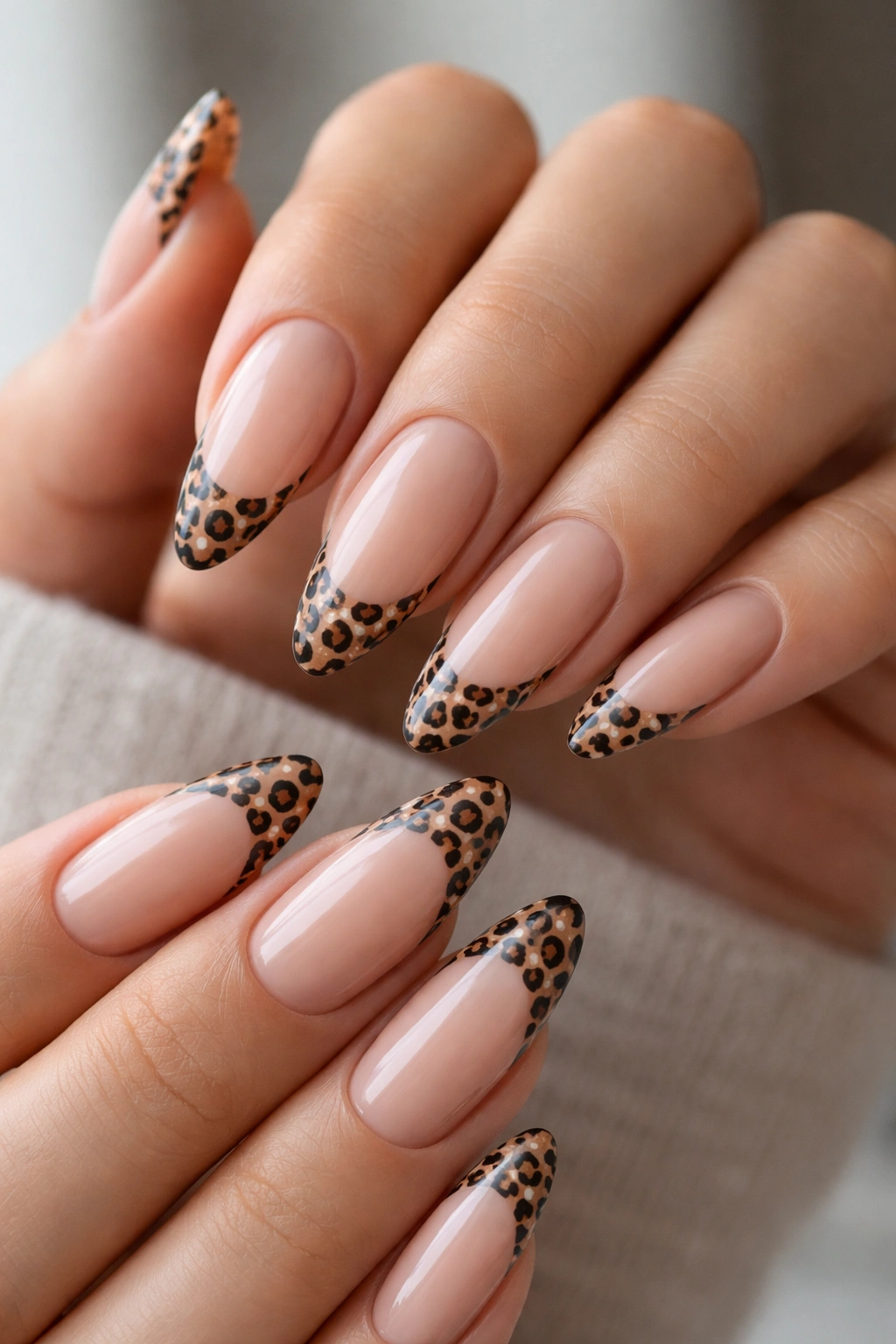 Close-up of long almond nails with nude base and leopard-print French tips.