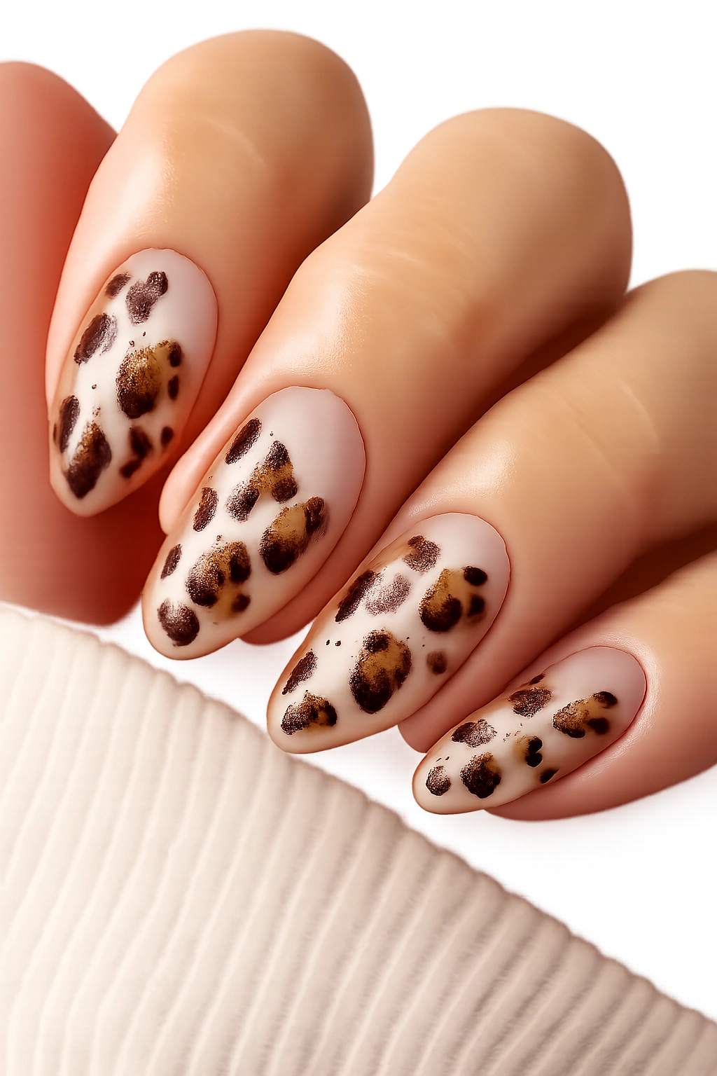 Almond nail with abstract leopard print on a sheer base showing negative space