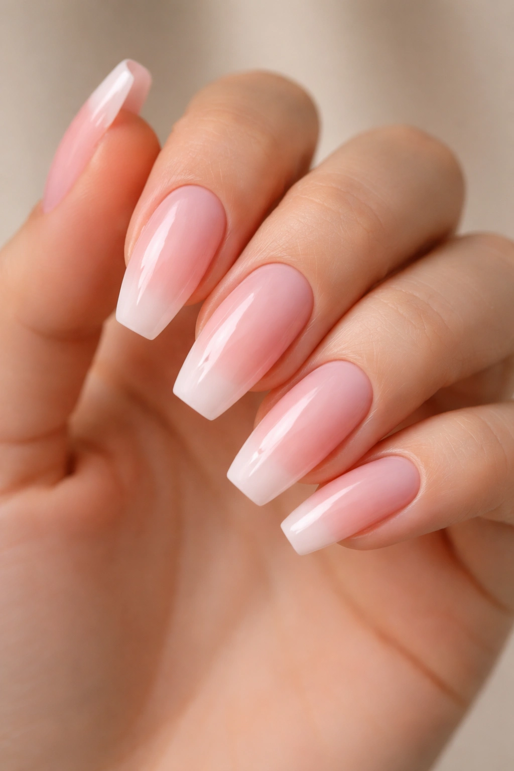 Close-up of nails with milky blush base and subtle translucency to avoid gray tones