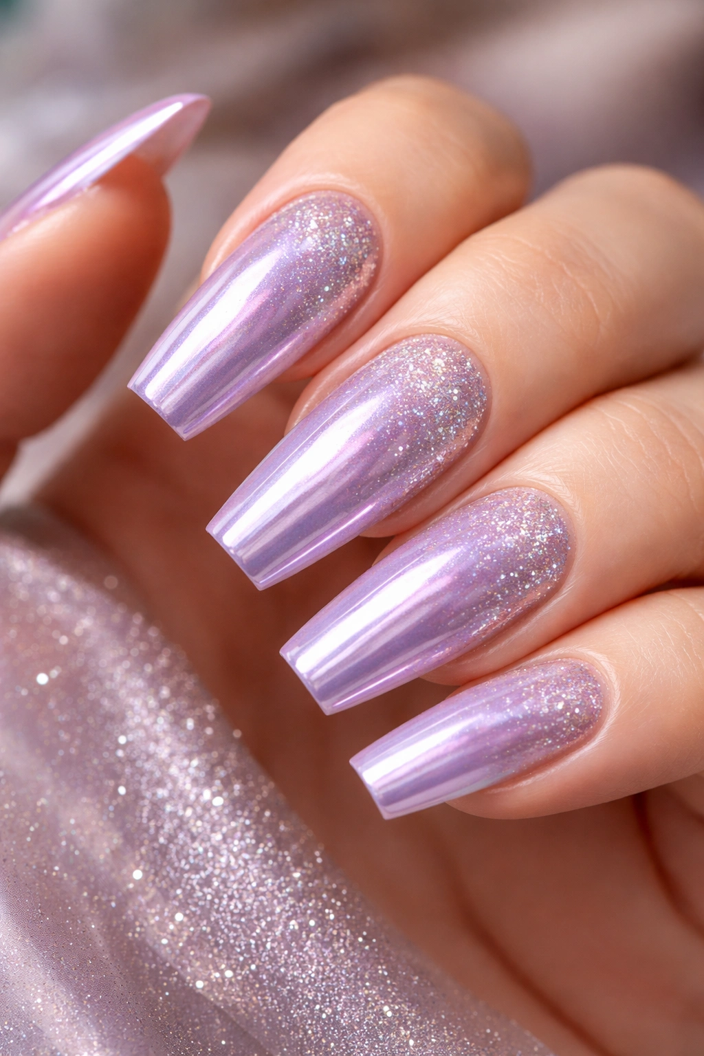 Lilac chrome coffin nails with stardust glitter