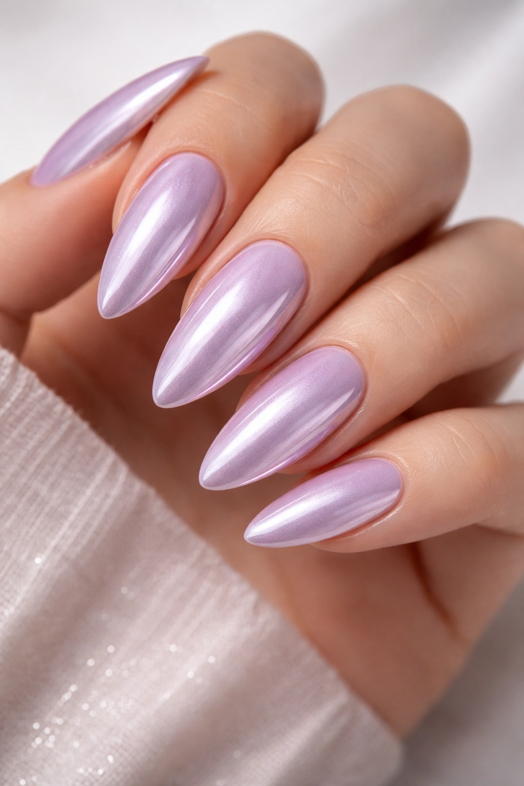 Almond nails with lilac base and chrome mirror finish