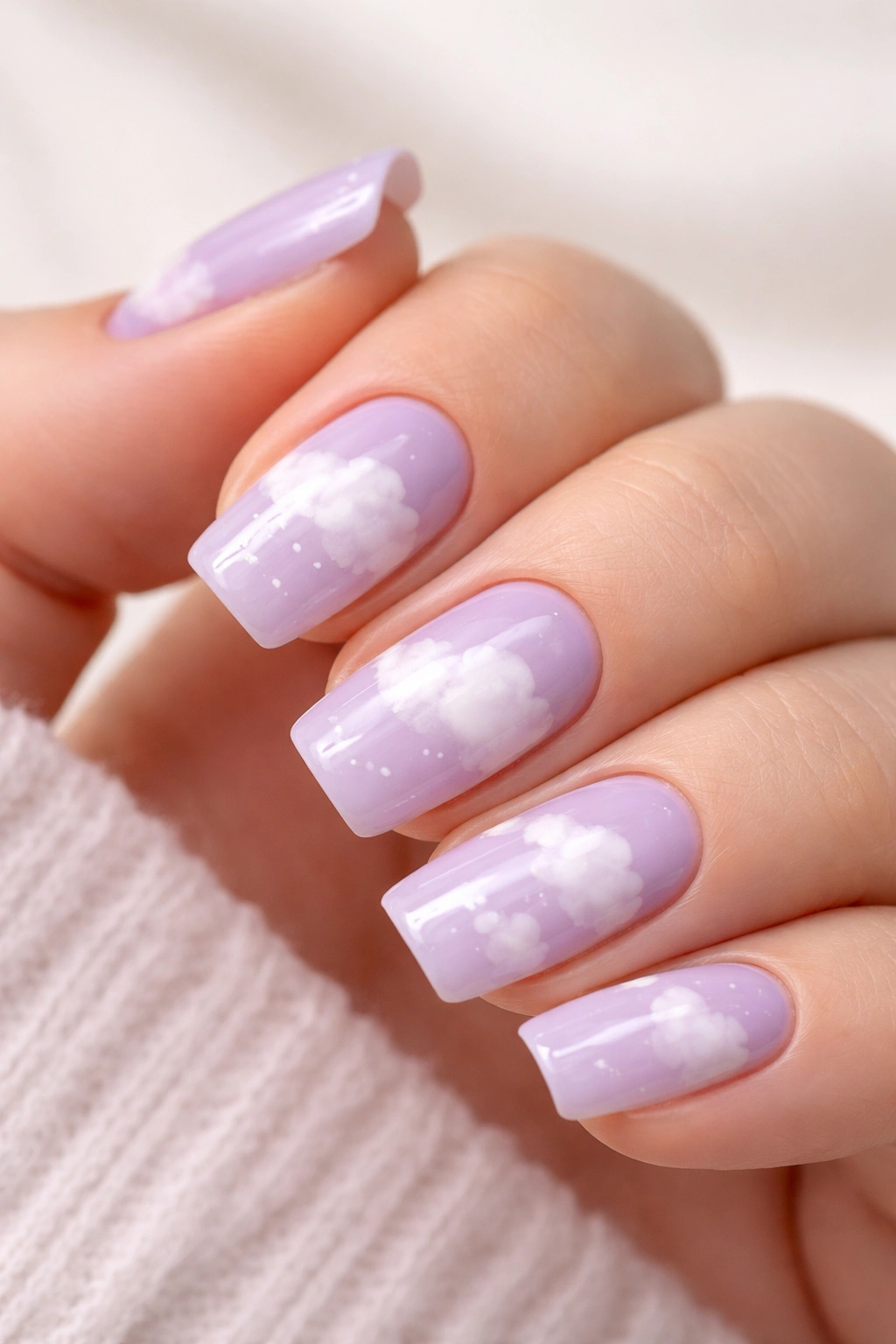 Close-up of a short coffin nail with lilac base and white cloud art
