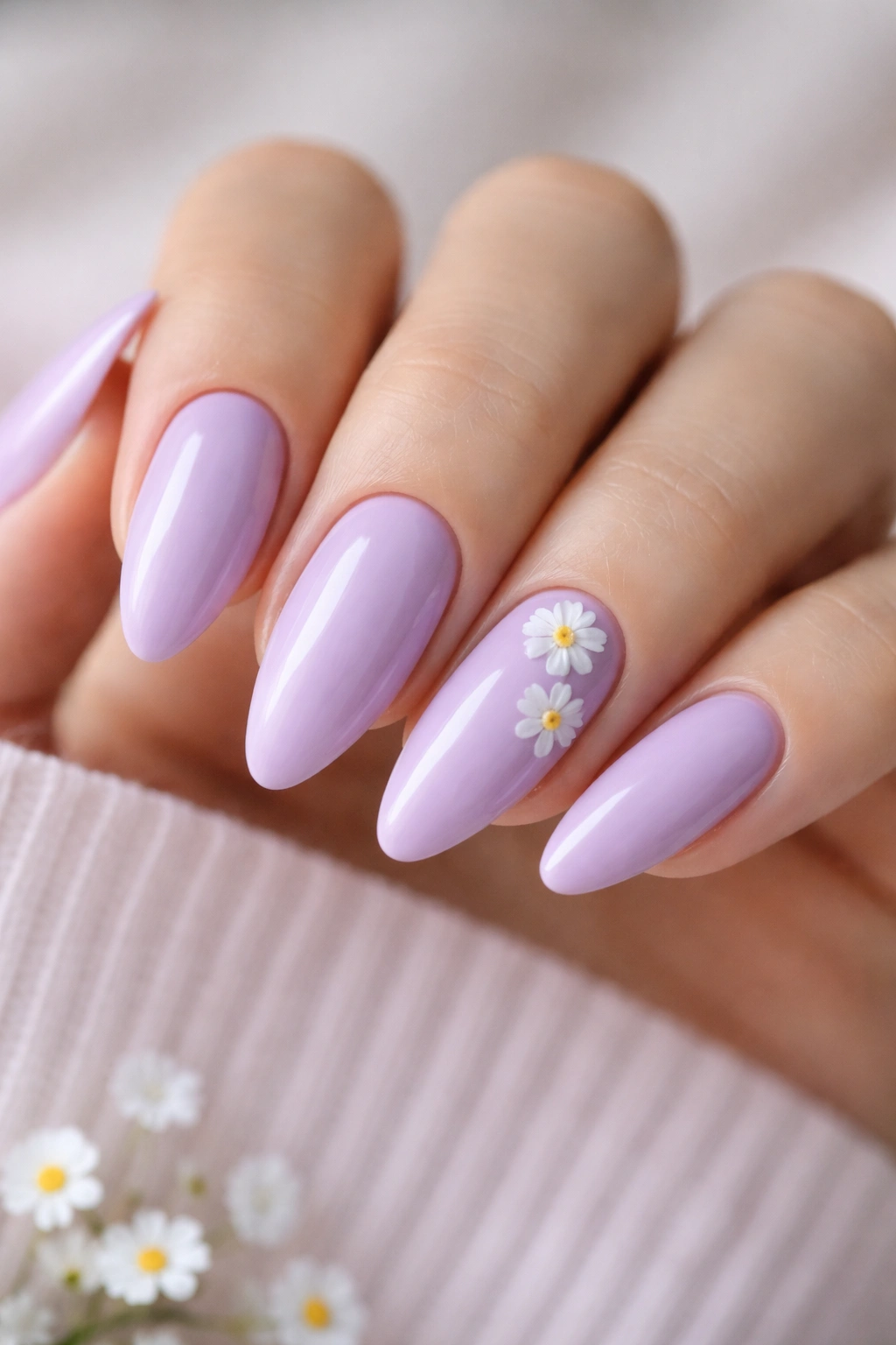 Lilac almond nails with small white daisies on accent nails