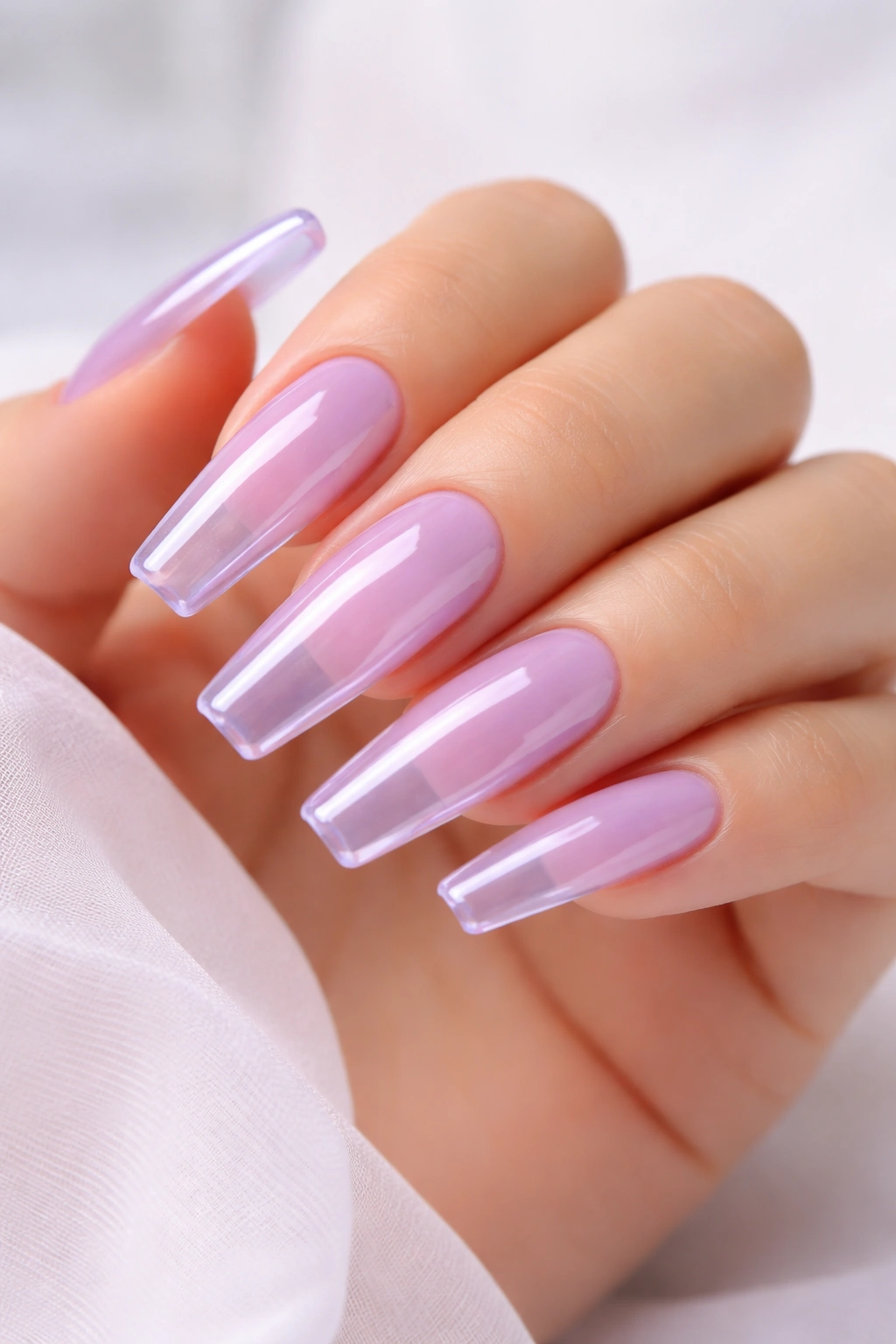 Long coffin nails with translucent lilac glass finish in studio lighting