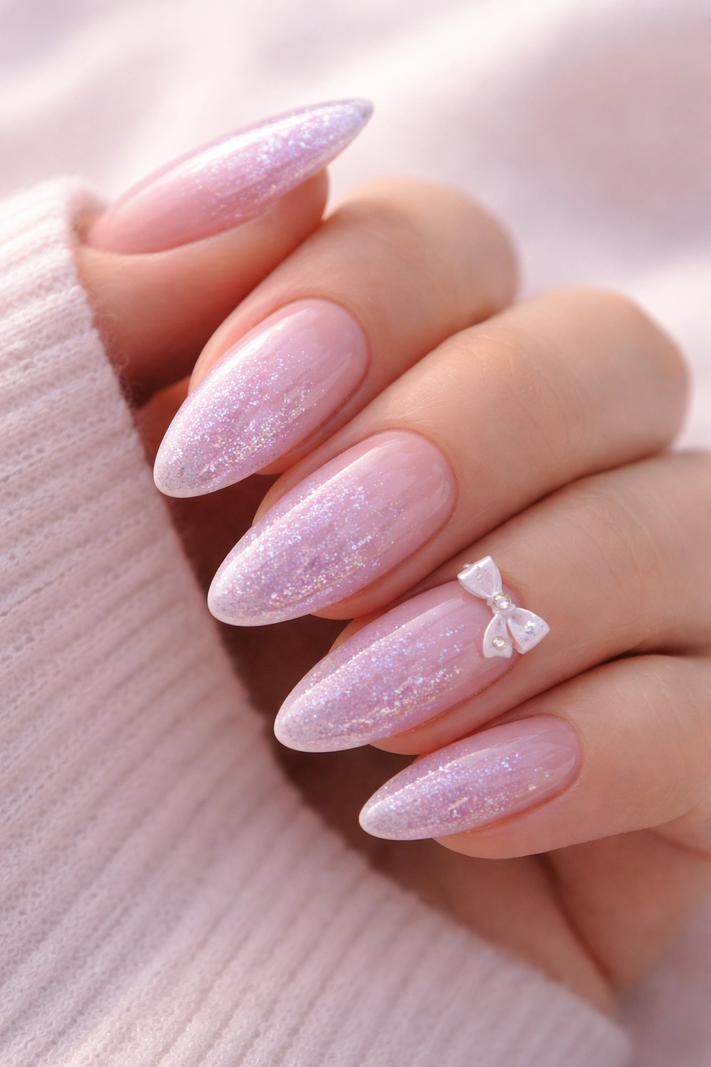 Lilac glitter fade almond nails with tiny side bows off-center