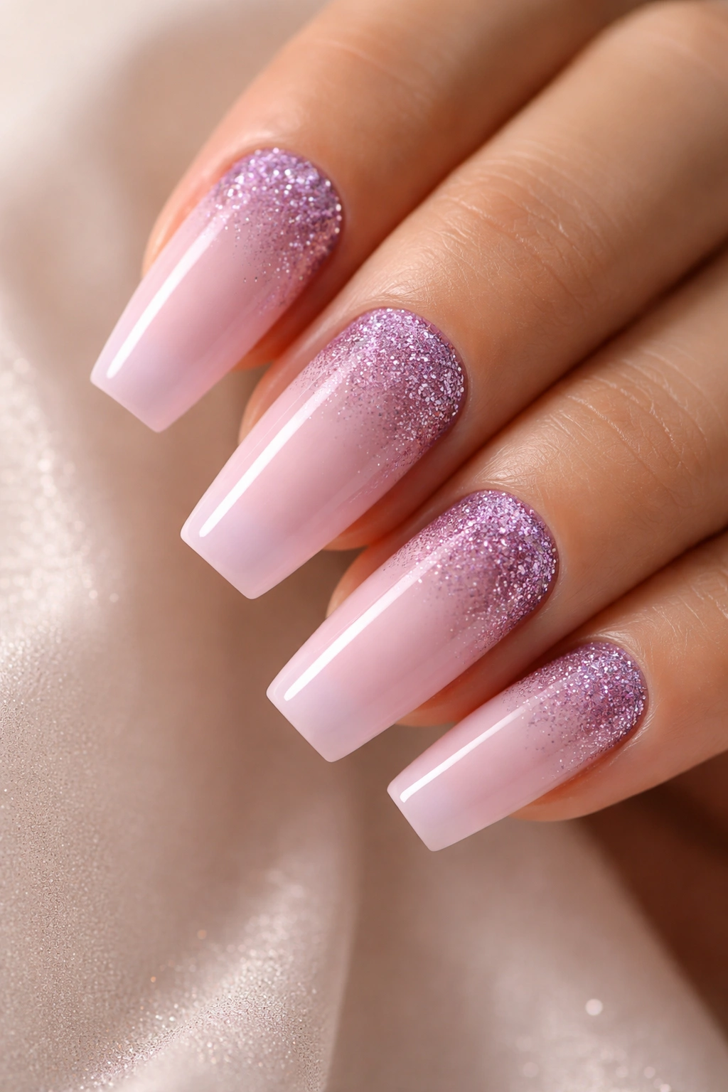 Close-up of lilac coffin nails with glitter fade near the cuticle and soft shimmer
