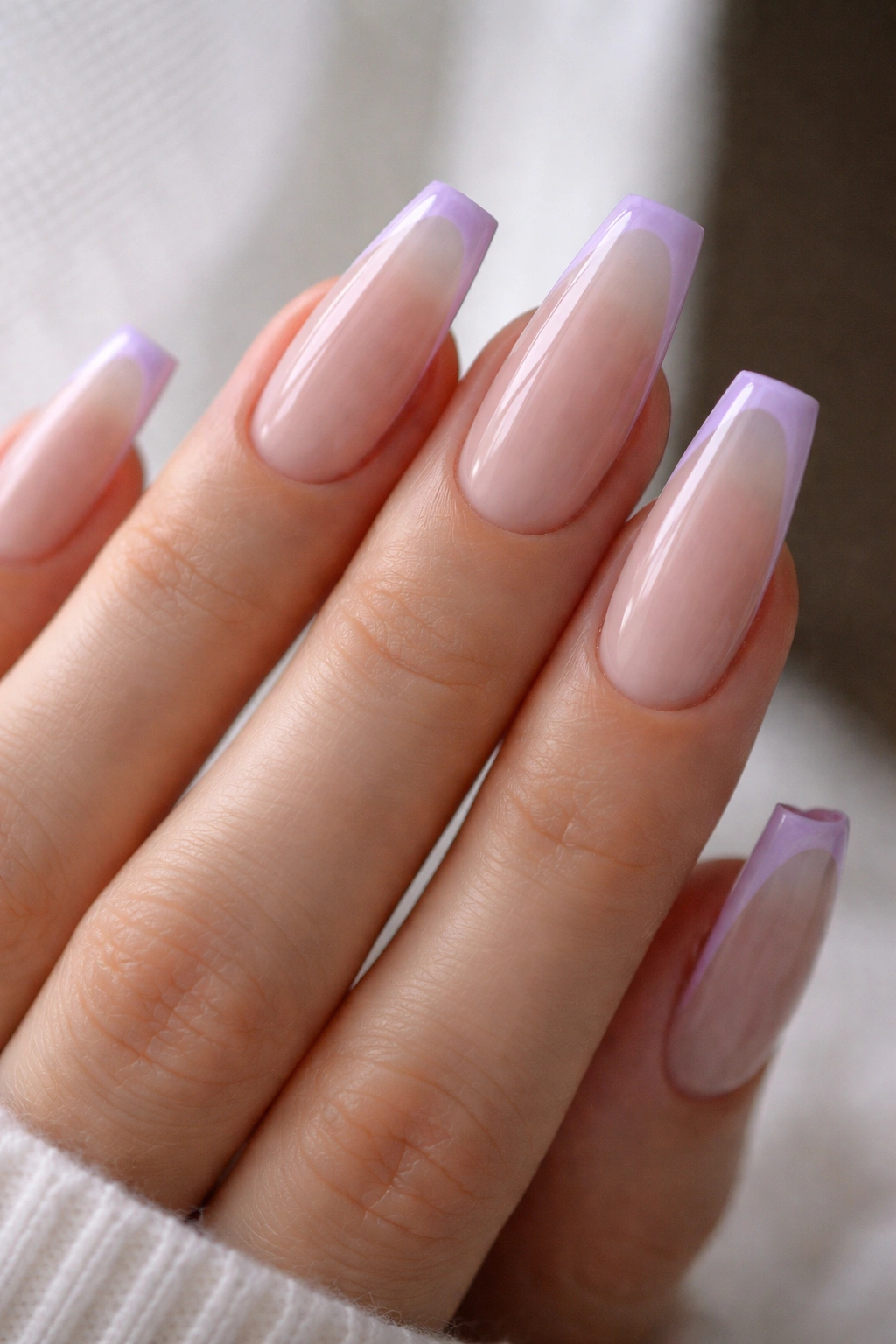 Hand with lilac micro-French coffin nails showing a sheer base and lilac tip line