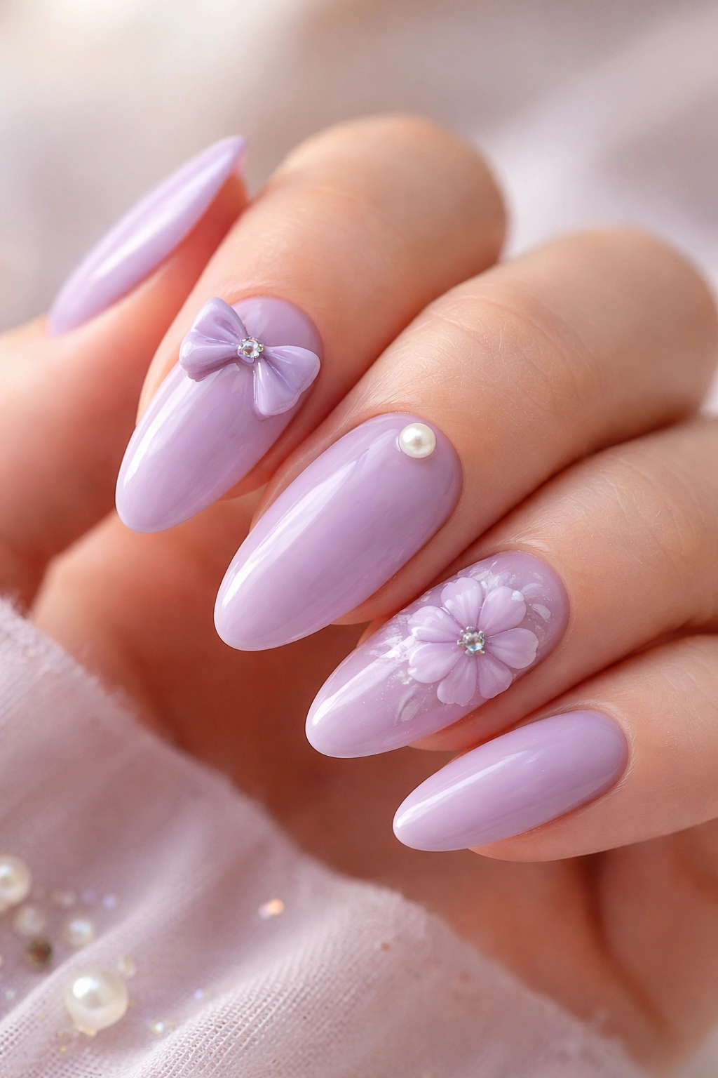 Close-up of lilac almond nails with a 3D bow, pearl near the cuticle, and gel petals on an accent nail.