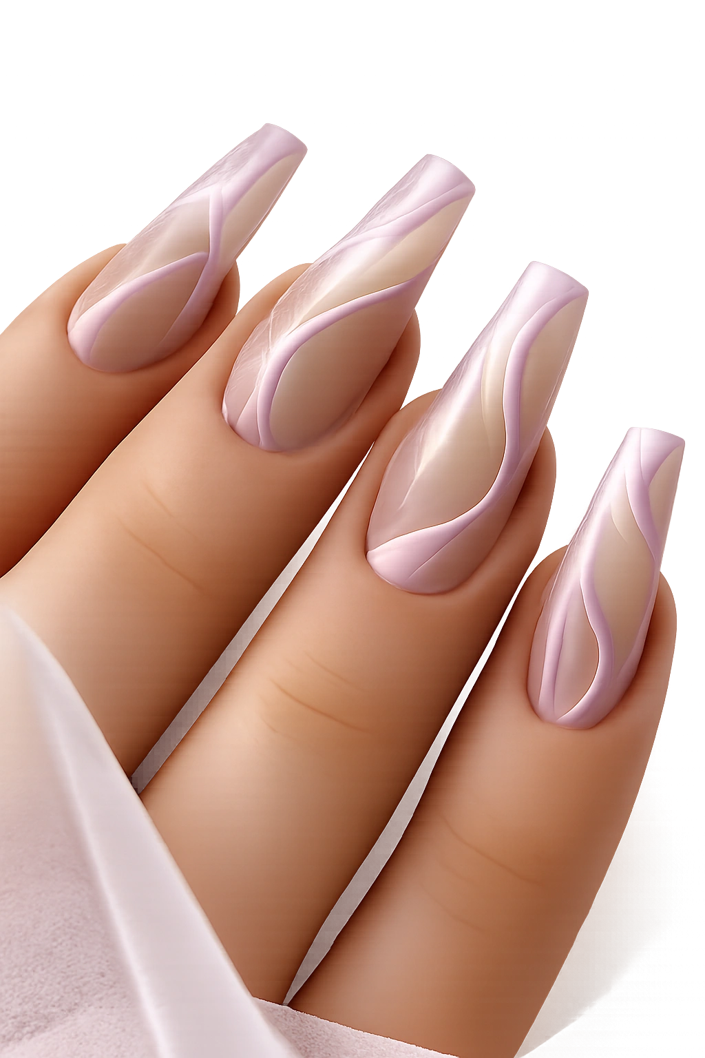 Close-up of coffin nails with lilac negative-space swirls on a sheer nude base