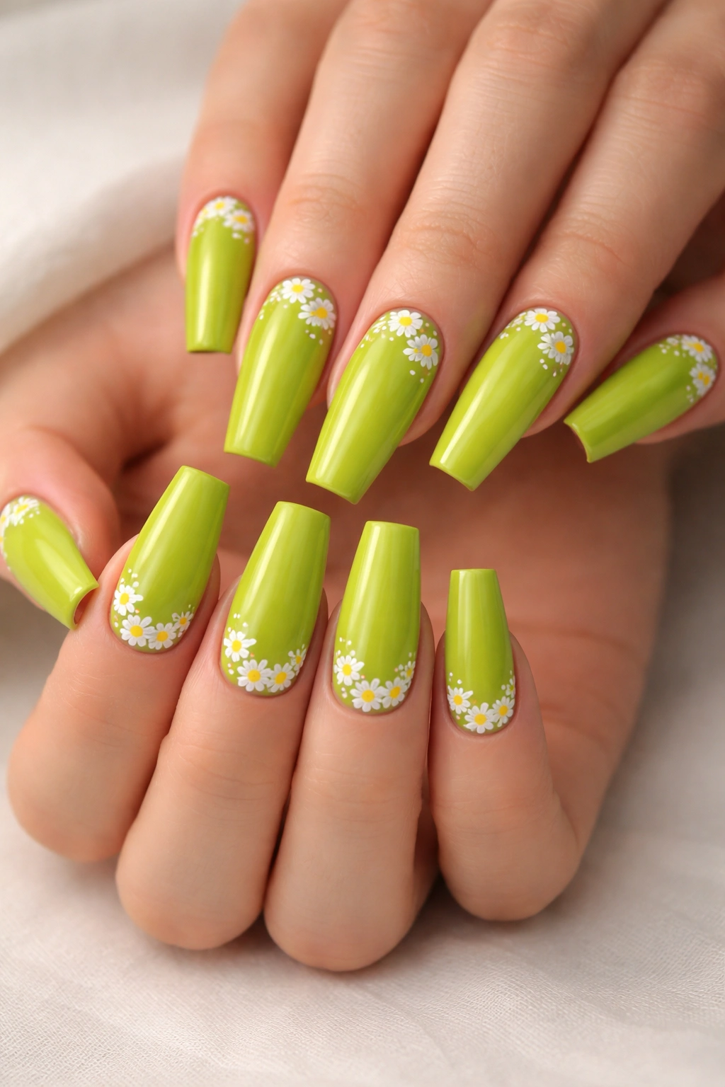 Lime green coffin nails with small white daisies and shiny finish