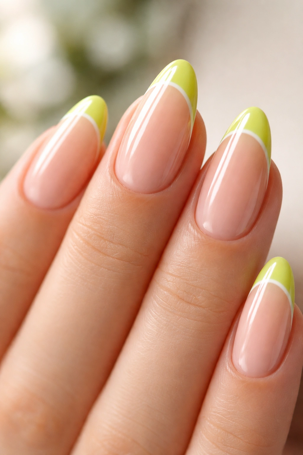 Close-up of almond nails with lime green tip on sheer base