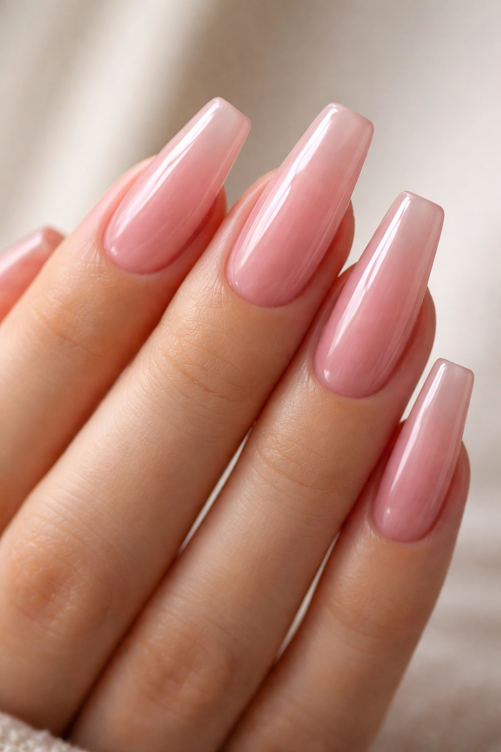 Glossy translucent pink coffin nails with glassy finish