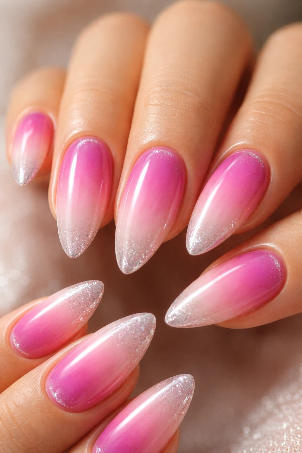 Almond nails with magenta aura fade on sheer pink base.