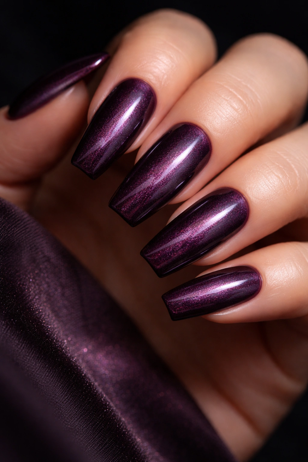 Velvet plum magnetic coffin nails with shimmer