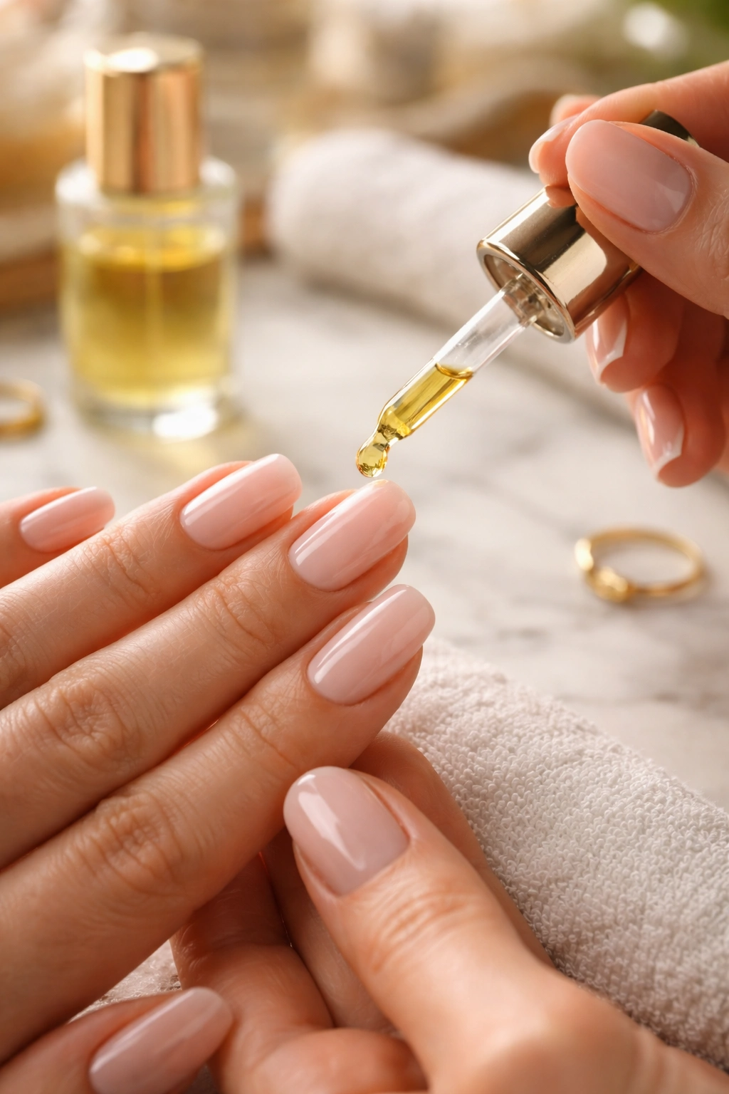 Close-up of hands applying cuticle oil around neatly groomed nails.