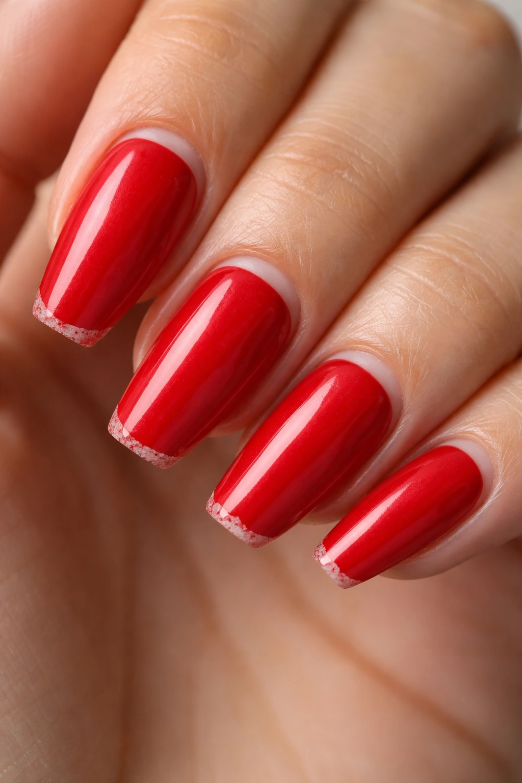 Close-up of worn red coffin nails showing chips and dulling