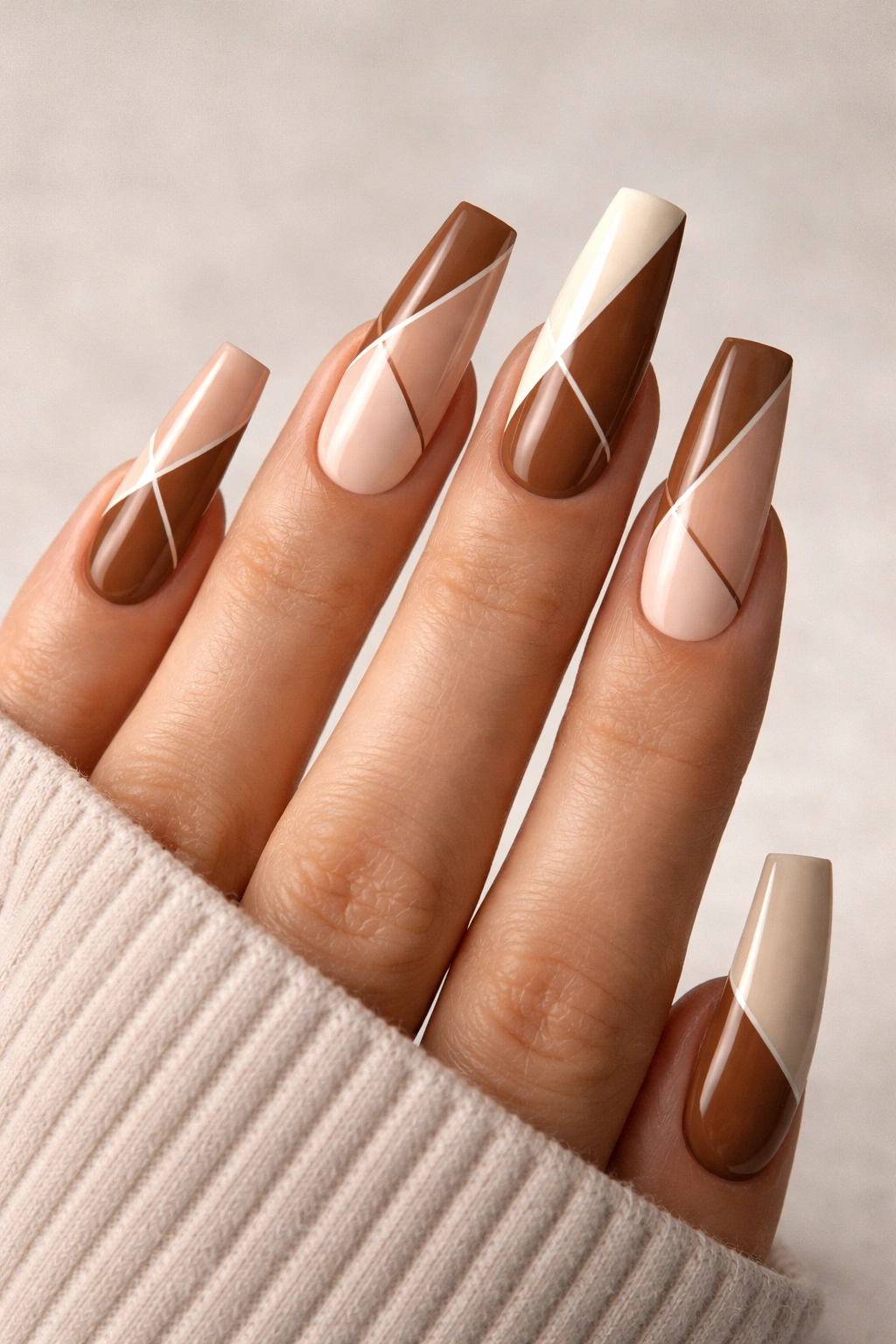 Color-block maple brown cream nude coffin nails
