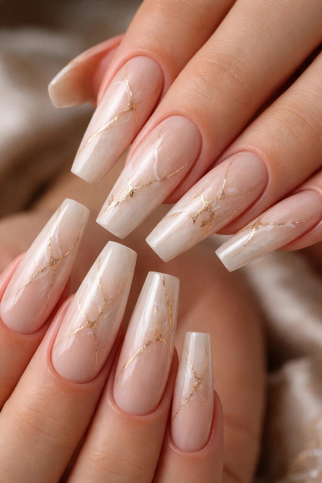Close-up of nude marble coffin nails with fine gold veins on a hand