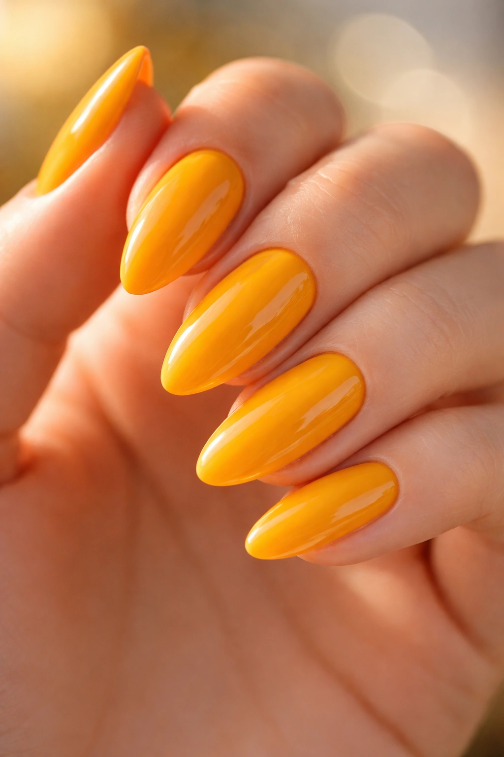 Almond nails with glossy marigold color and high shine