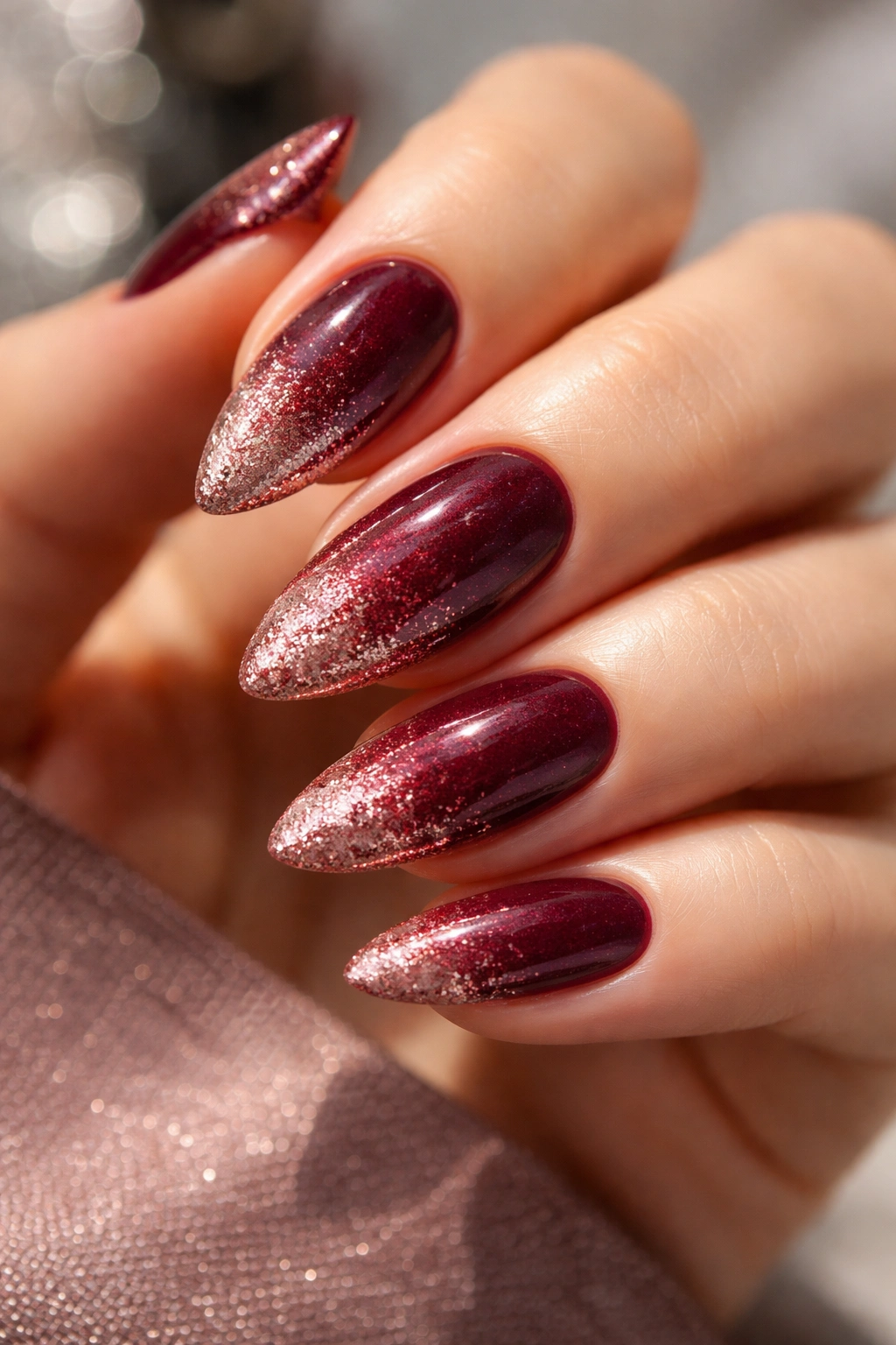 Almond nails with maroon velvet finish and glitter fade near the tip