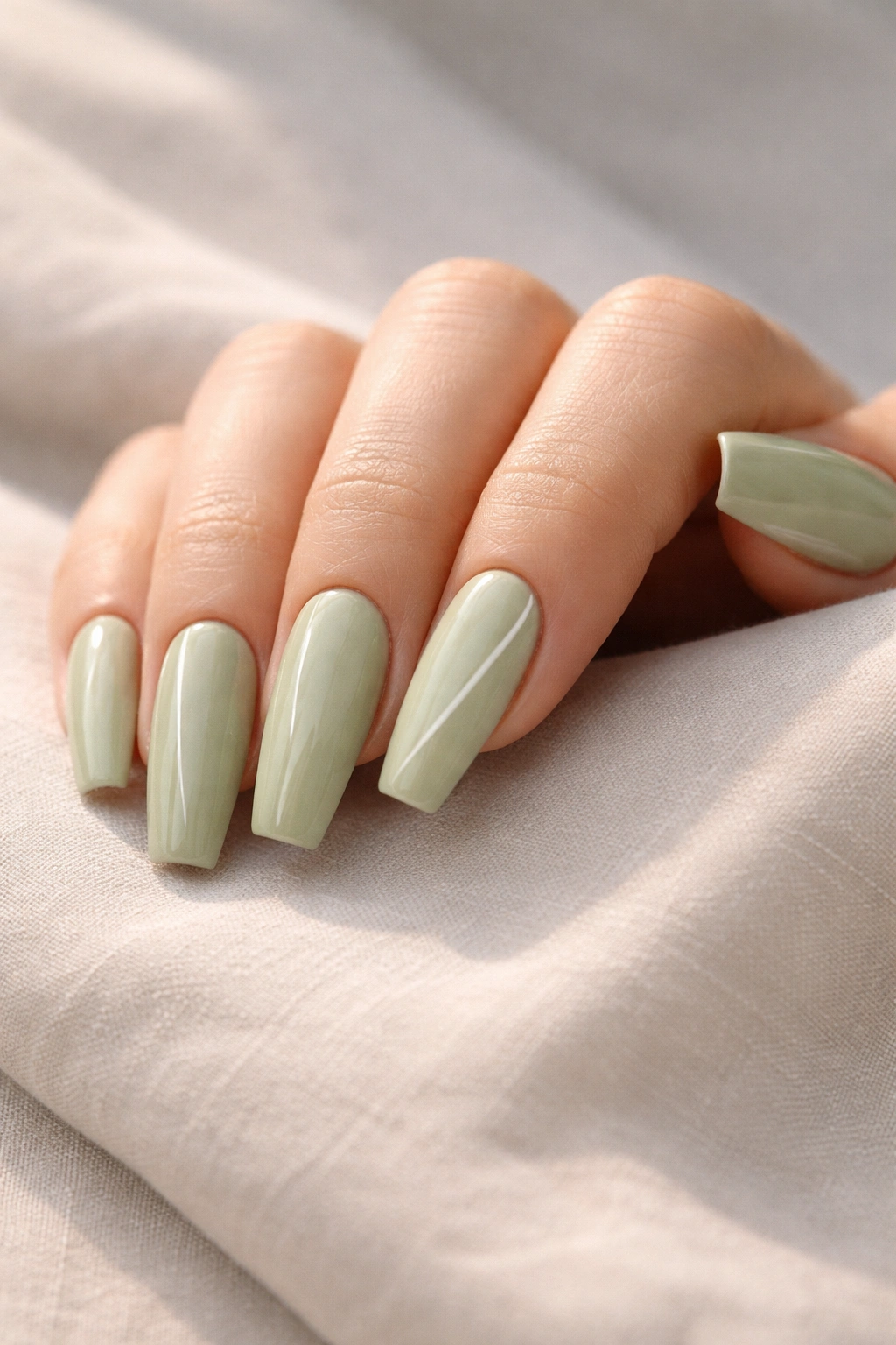 Close-up of matcha green coffin nails with a single black line accent