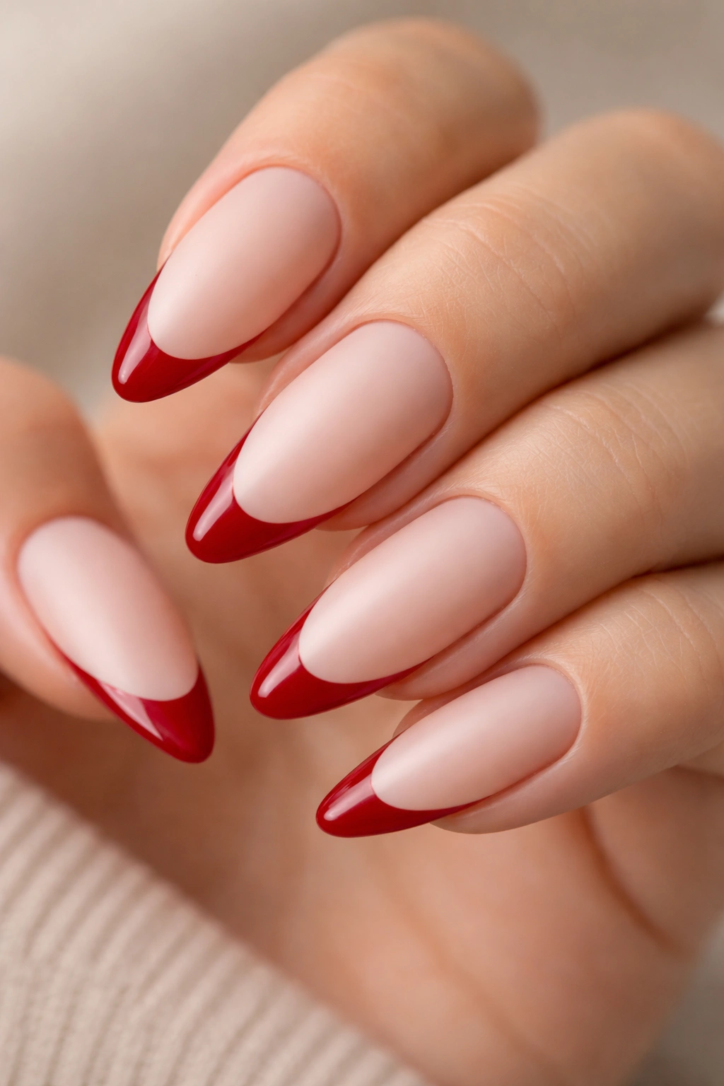 Almond nails with matte base and glossy red tips