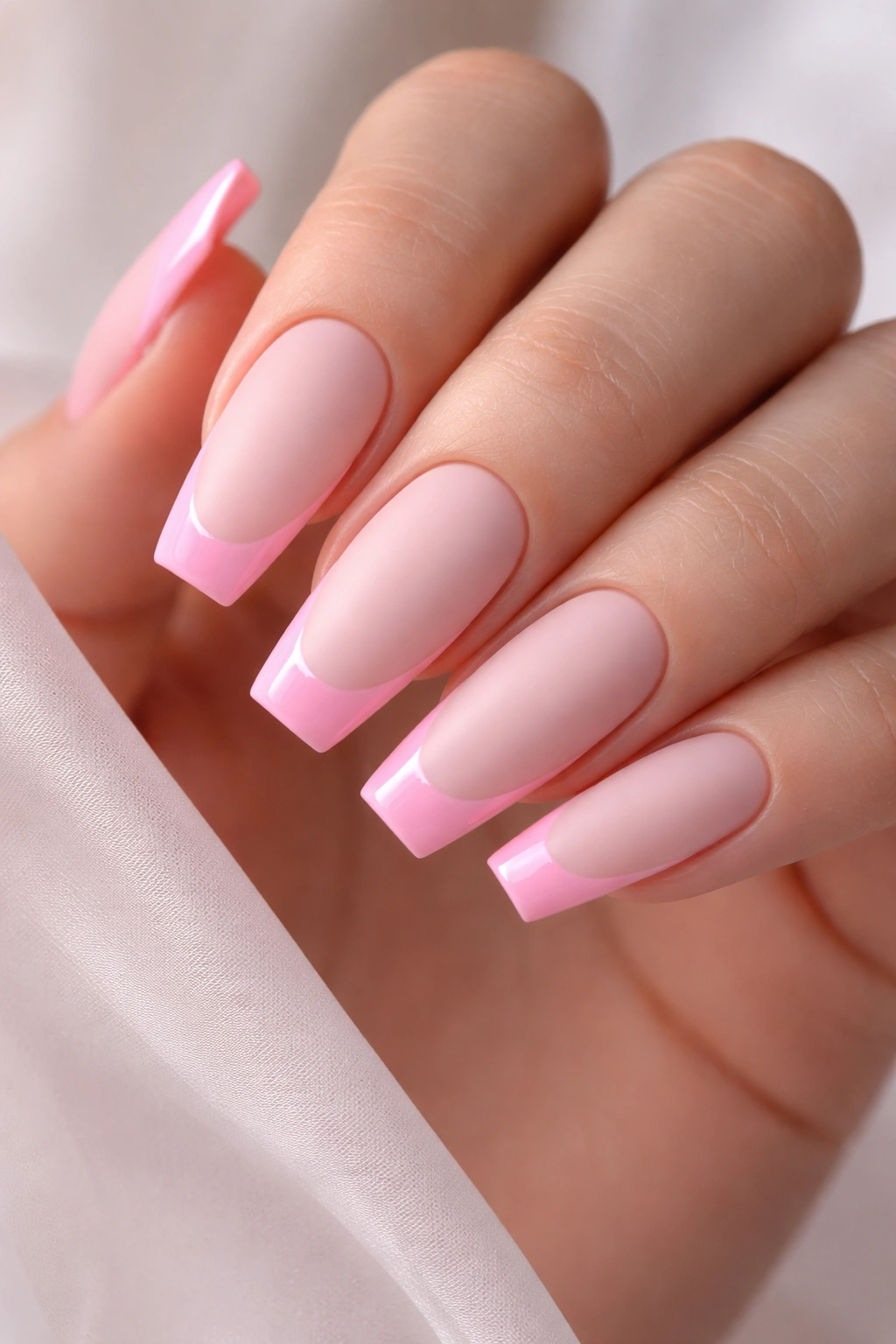 Close-up of matte ballet pink base with glossy pink edges on medium coffin nails