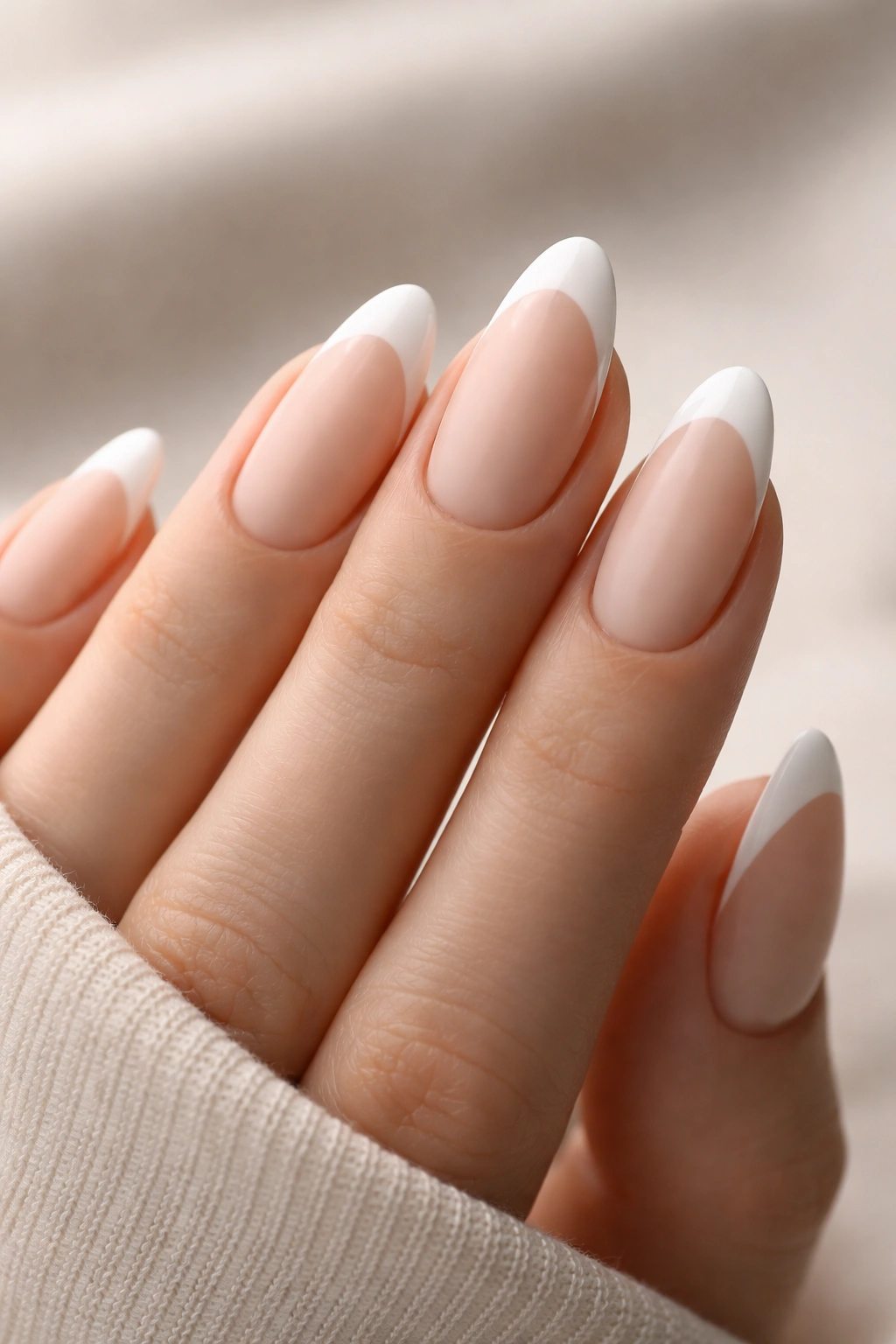 Close-up of almond nails with matte nude base and glossy white tips