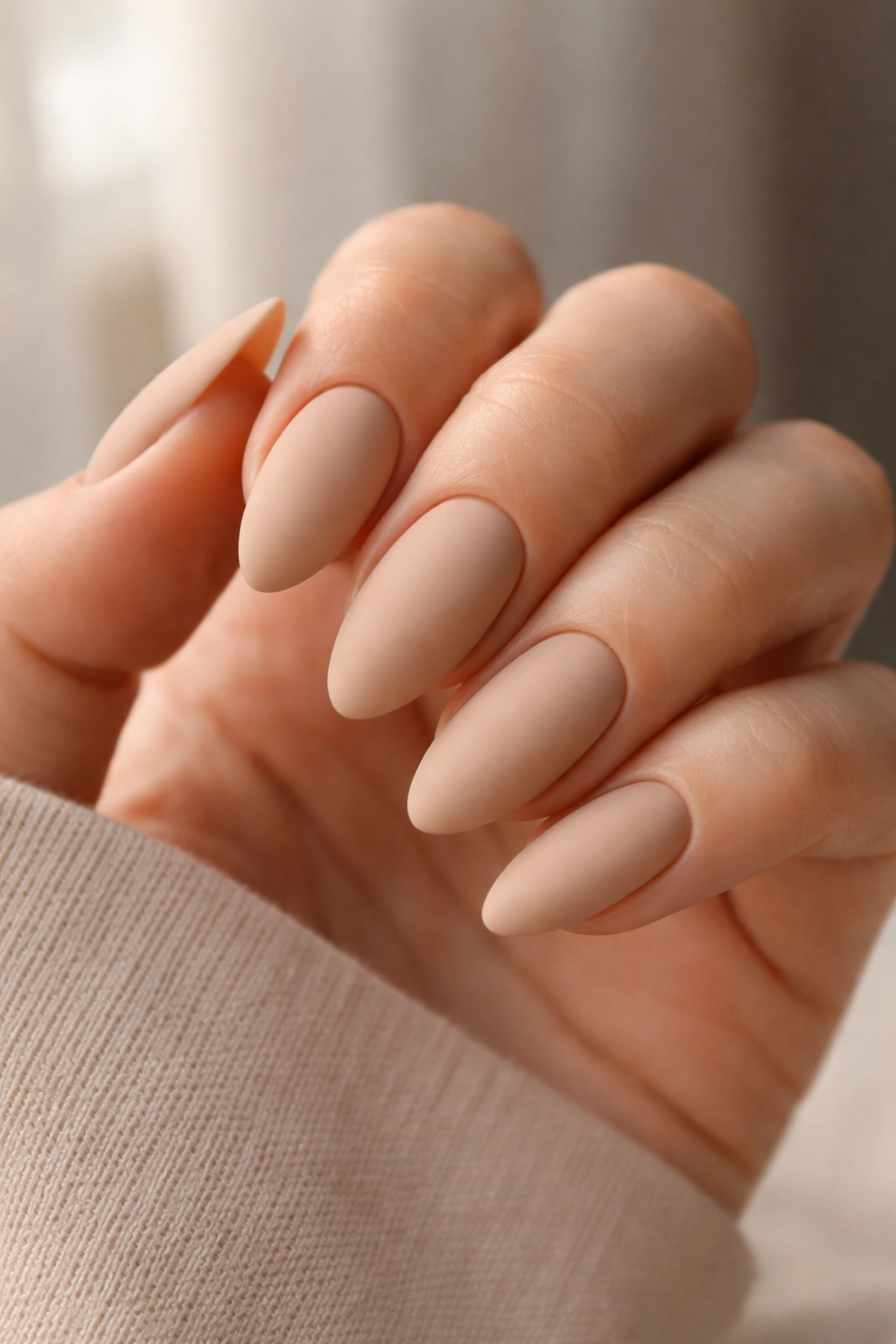 Close-up of matte sand beige almond nails