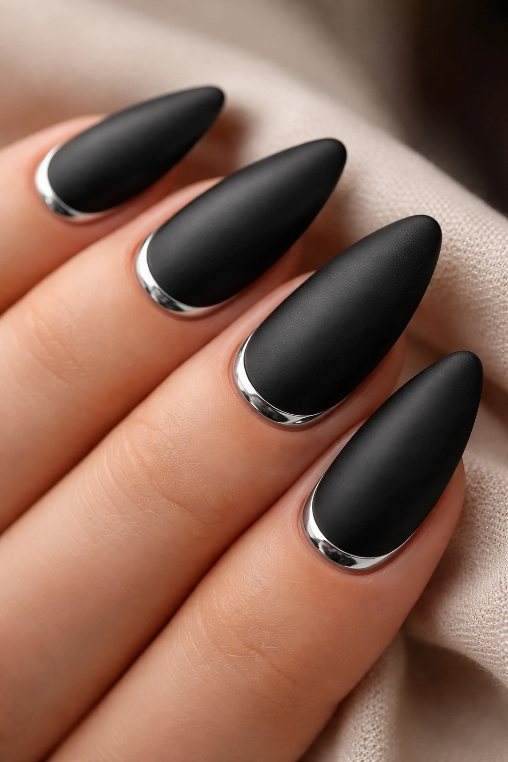 Matte black almond nails with a slim chrome cuticle cuff