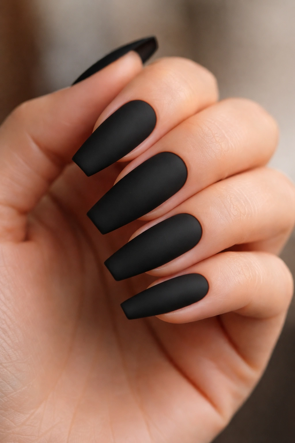 Matte black coffin nails with soft tapered tips and velvety finish